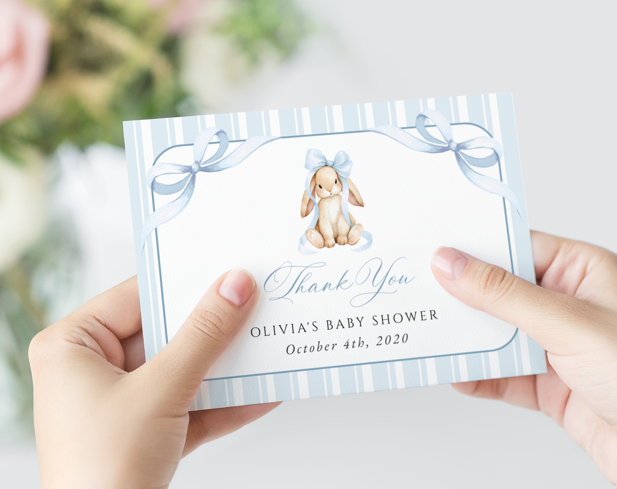 Bunny and Blue Stripes Thank You Card, Boy Baby Shower, Printable File, Edit Yourself, SH249