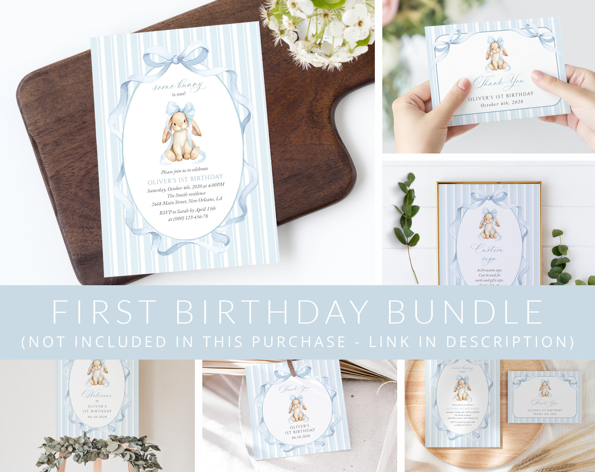 Bunny and Blue Stripes First Birthday Mini Bundle, Boy Birthday, Printable File, Edit Yourself, SH250