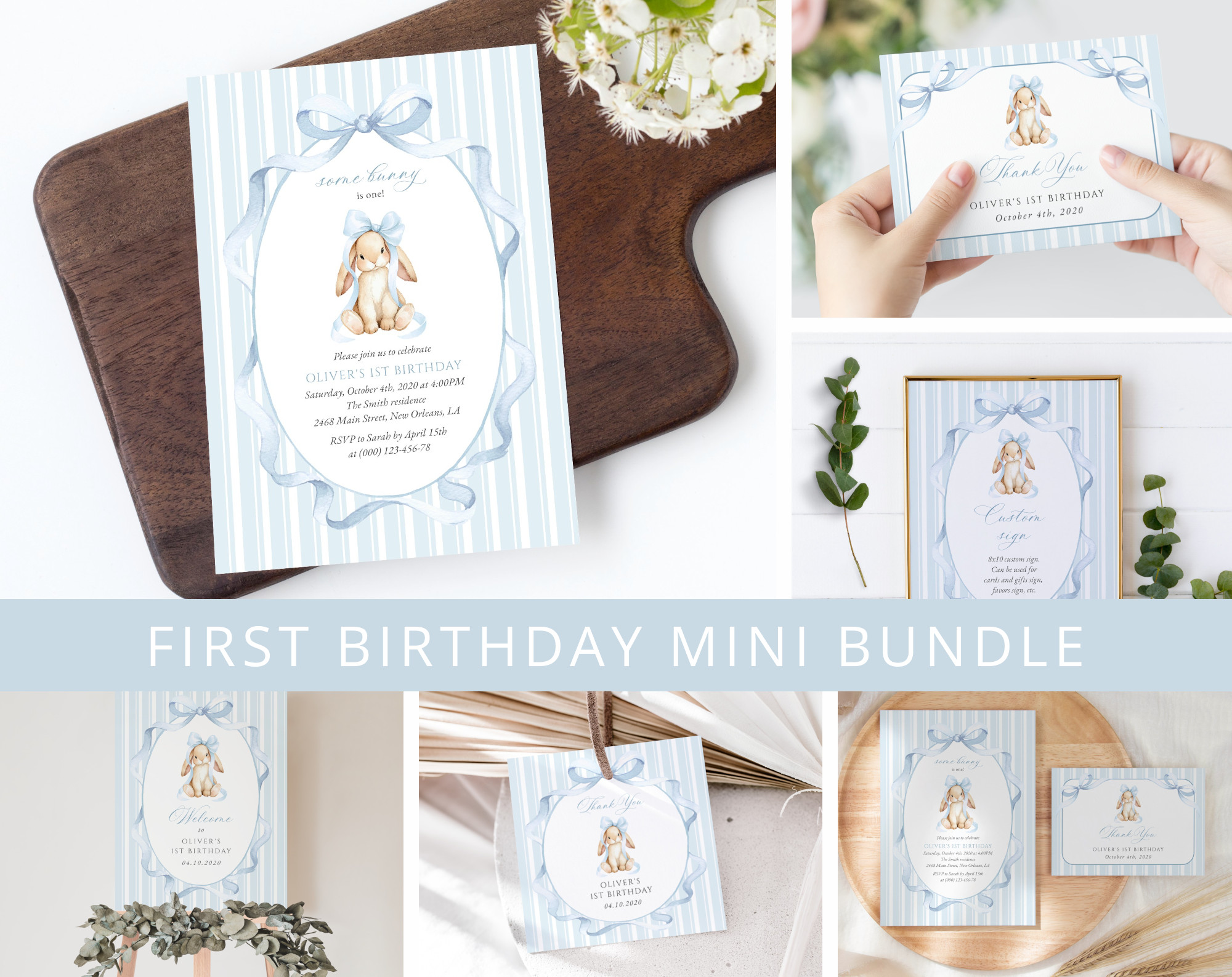 Bunny and Blue Stripes First Birthday Mini Bundle, Boy Birthday, Printable File, Edit Yourself, SH250