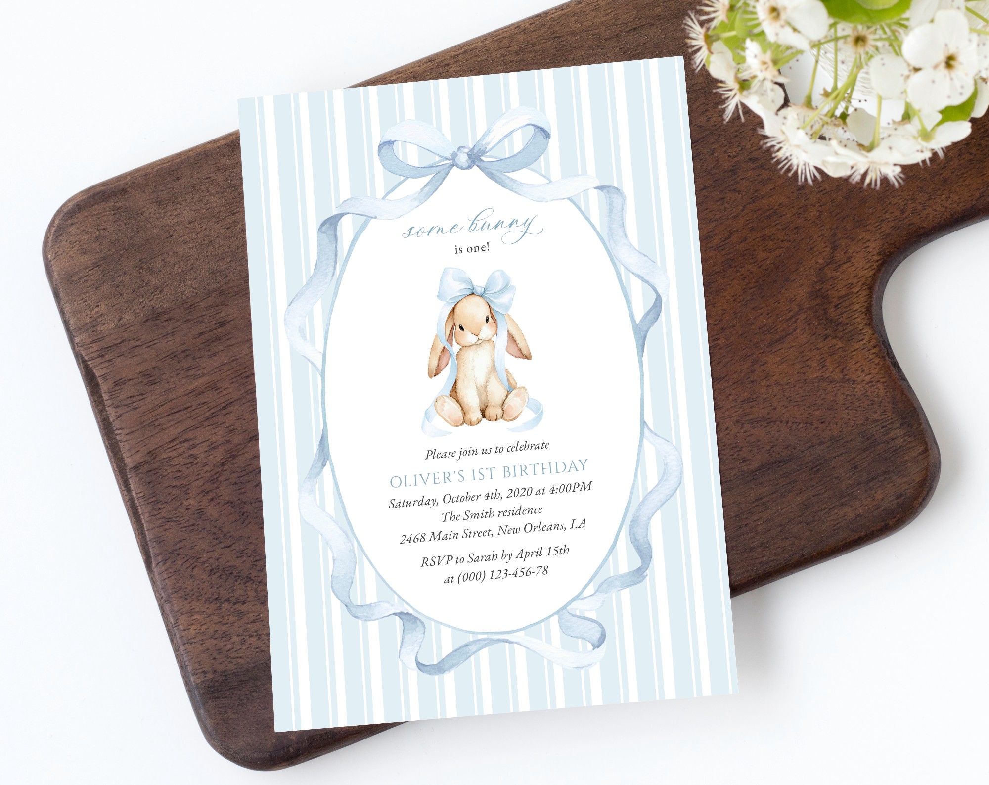 Bunny and Blue Stripes First Birthday Invitation, Birthday Stationery, Boy Birthday, Printable File, Edit Yourself, SH250