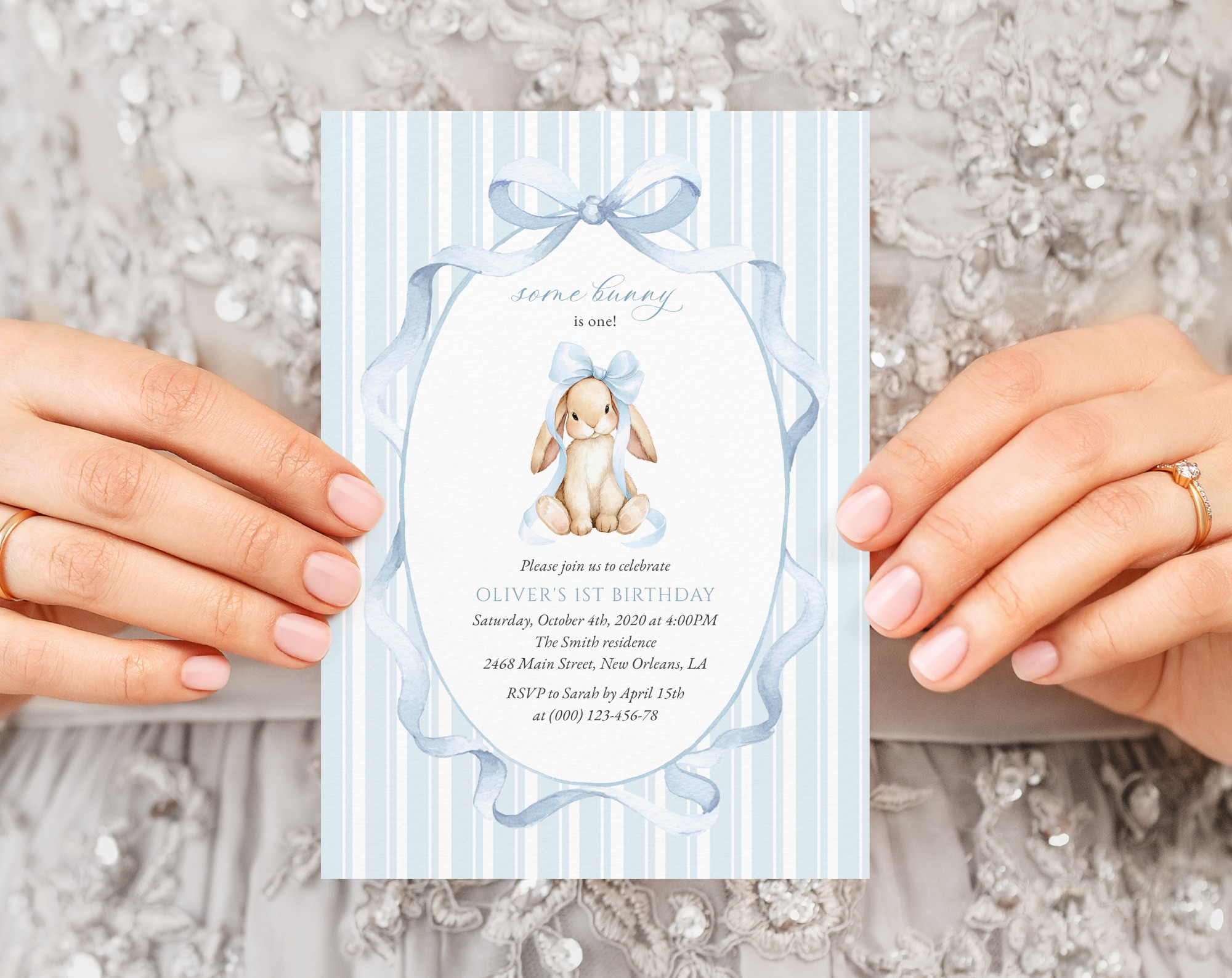 Bunny and Blue Stripes First Birthday Invitation, Birthday Stationery, Boy Birthday, Printable File, Edit Yourself, SH250 Bunny and Blue Stripes First Birthday Invitation, Birthday Stationery, Boy Birthday, Printable File, Edit Yourself, SH250