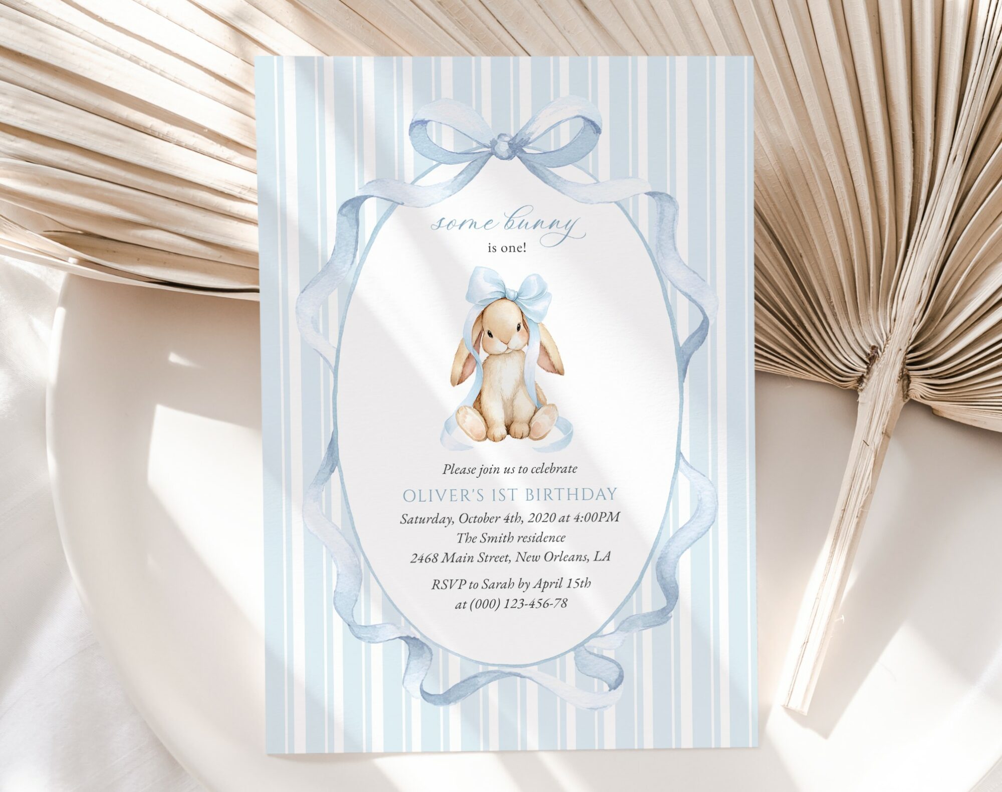 Bunny and Blue Stripes First Birthday Invitation, Birthday Stationery, Boy Birthday, Printable File, Edit Yourself, SH250 Bunny and Blue Stripes First Birthday Invitation, Birthday Stationery, Boy Birthday, Printable File, Edit Yourself, SH250