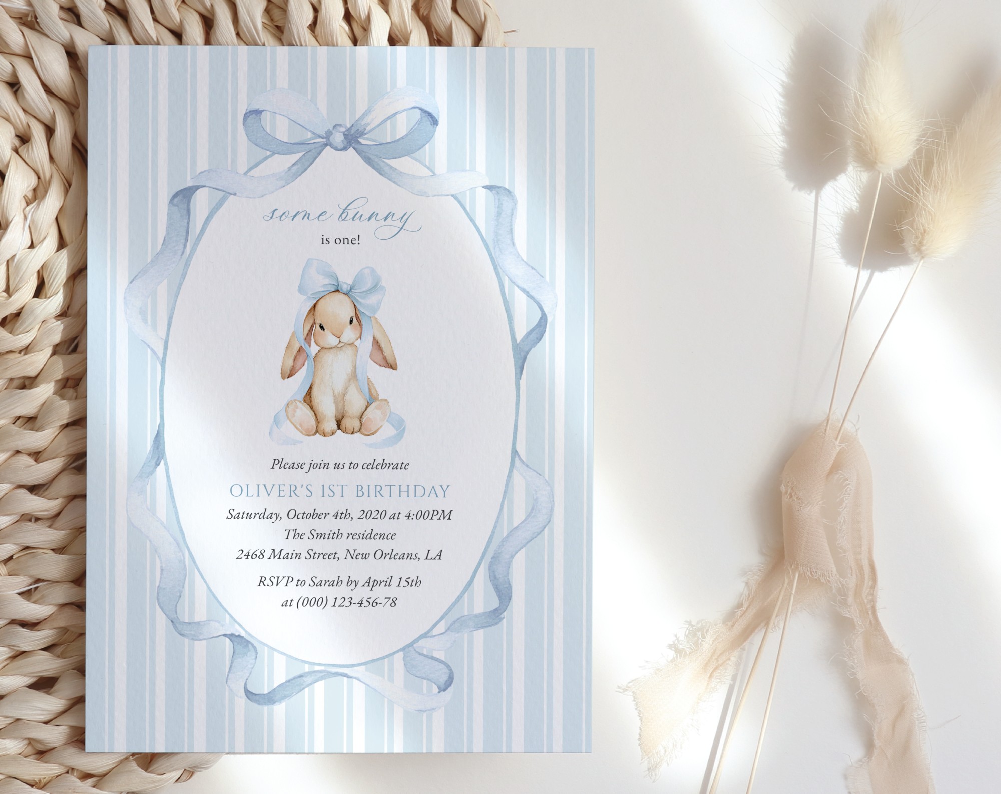 Bunny and Blue Stripes First Birthday Invitation, Birthday Stationery, Boy Birthday, Printable File, Edit Yourself, SH250 Bunny and Blue Stripes First Birthday Invitation, Birthday Stationery, Boy Birthday, Printable File, Edit Yourself, SH250