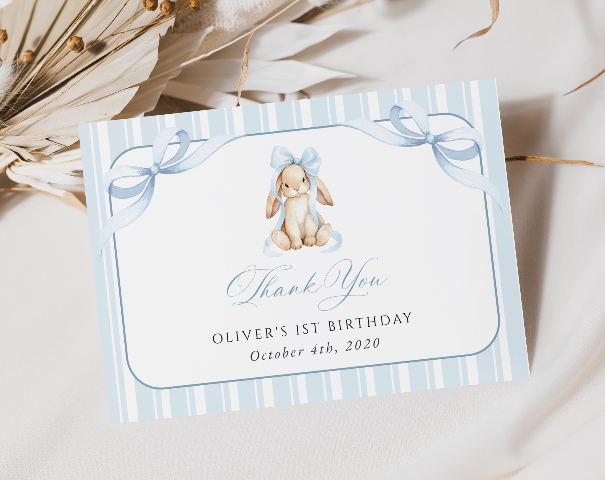 Bunny and Blue Stripes Thank You Card, First Birthday, Boy Birthday, Printable File, Edit Yourself, SH250