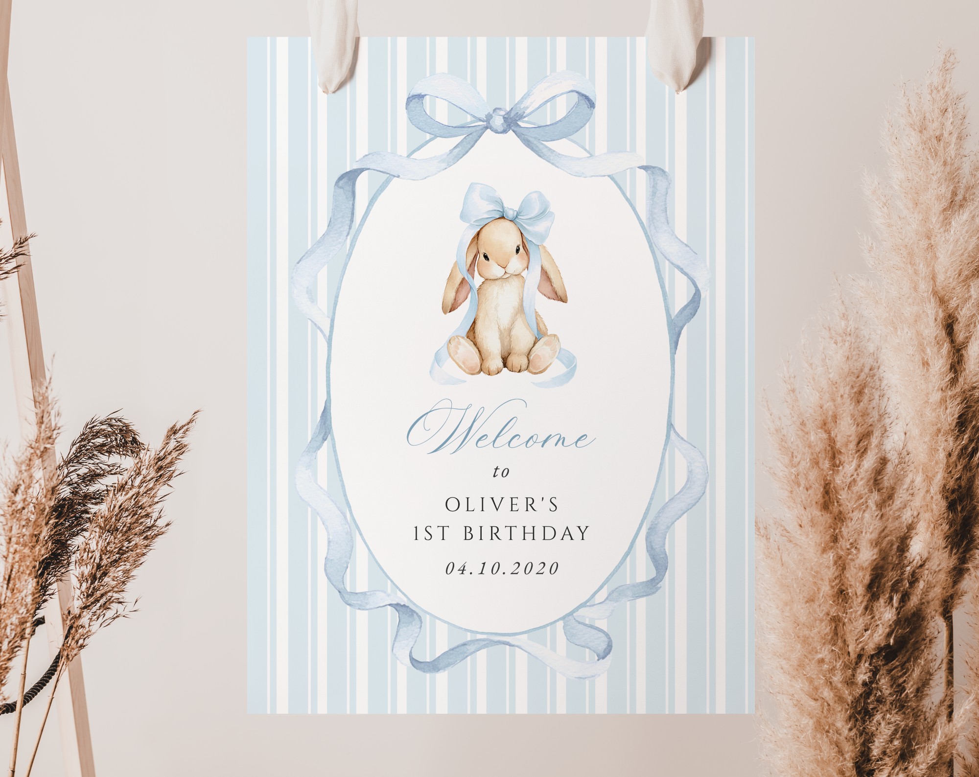 Bunny and Blue Stripes Welcome Sign, First Birthday, Boy Birthday, Printable File, Edit Yourself, SH250
