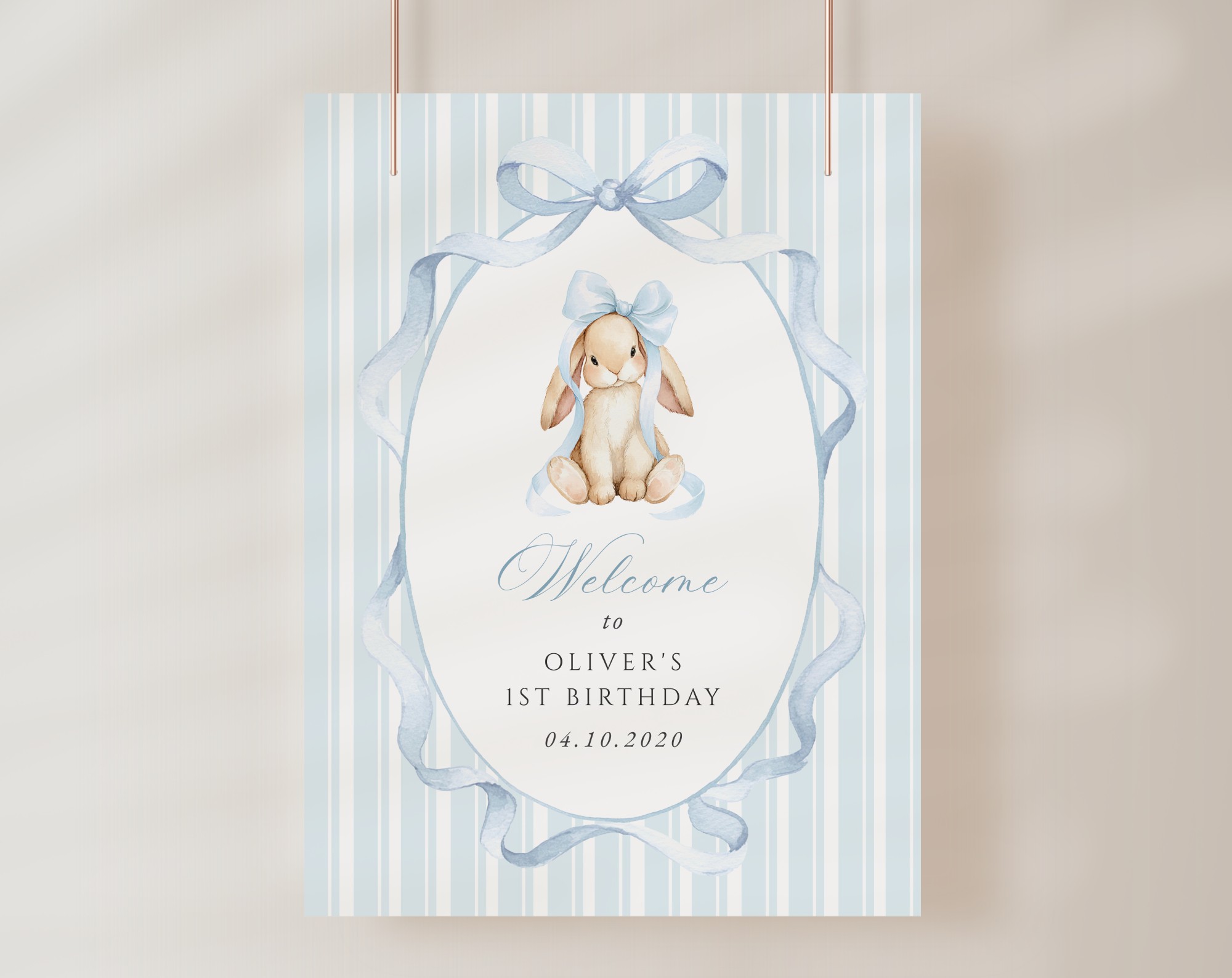 Bunny and Blue Stripes Welcome Sign, First Birthday, Boy Birthday, Printable File, Edit Yourself, SH250