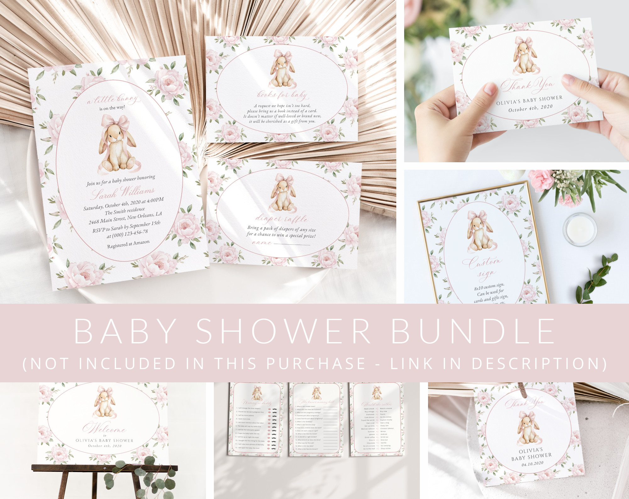 Baby Bunny and Pink Flowers Baby Shower Mini Bundle, Girl Baby Shower, Printable File, Edit Yourself, SH251 Baby Bunny and Pink Flowers Baby Shower Mini Bundle, Girl Baby Shower, Printable File, Edit Yourself, SH251