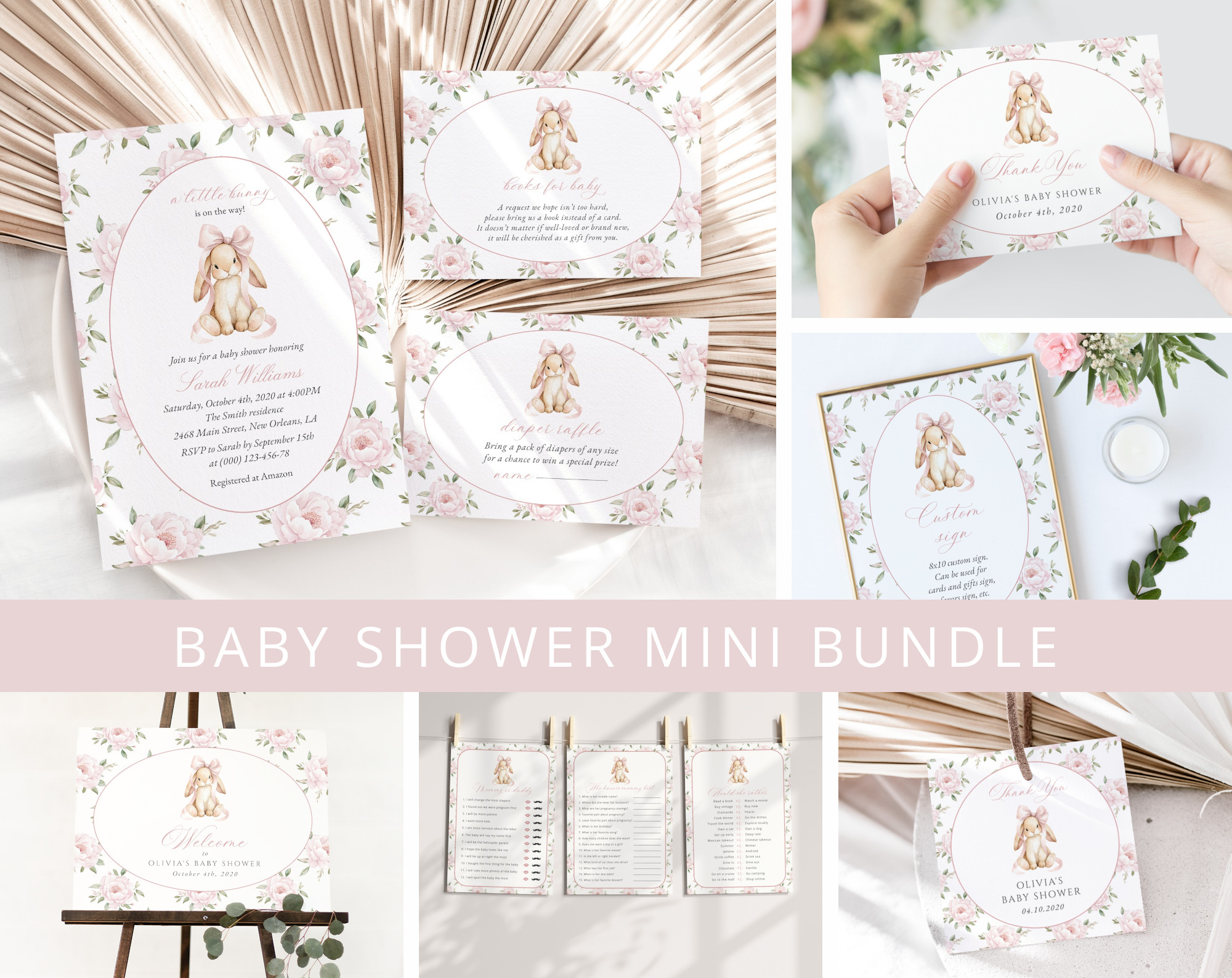 Baby Bunny and Pink Flowers Baby Shower Mini Bundle, Girl Baby Shower, Printable File, Edit Yourself, SH251