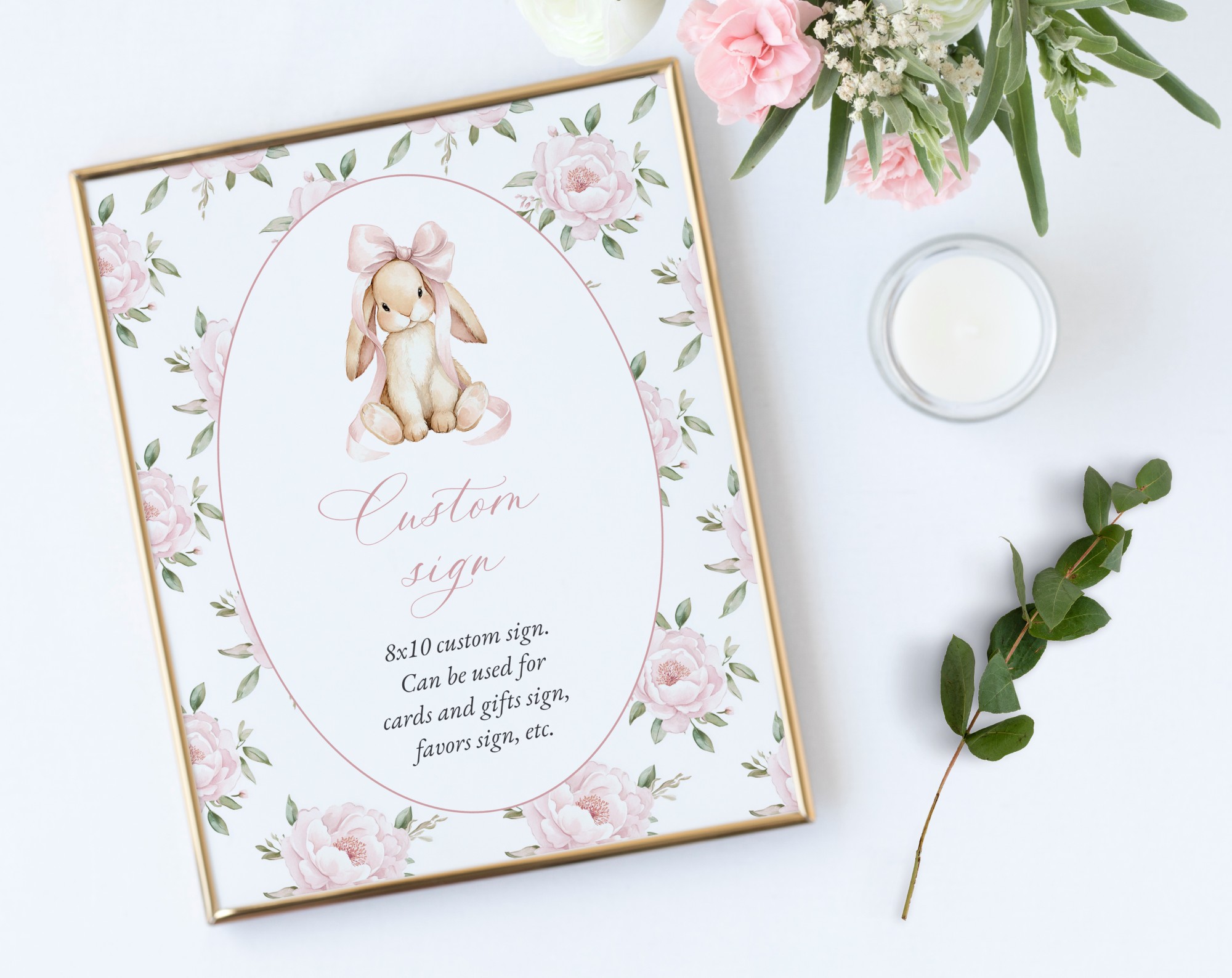 Baby Bunny and Pink Flowers Custom Sign, Printable File, Edit Yourself, SH251 SH252 Baby Bunny and Pink Flowers Custom Sign, Printable File, Edit Yourself, SH251 SH252