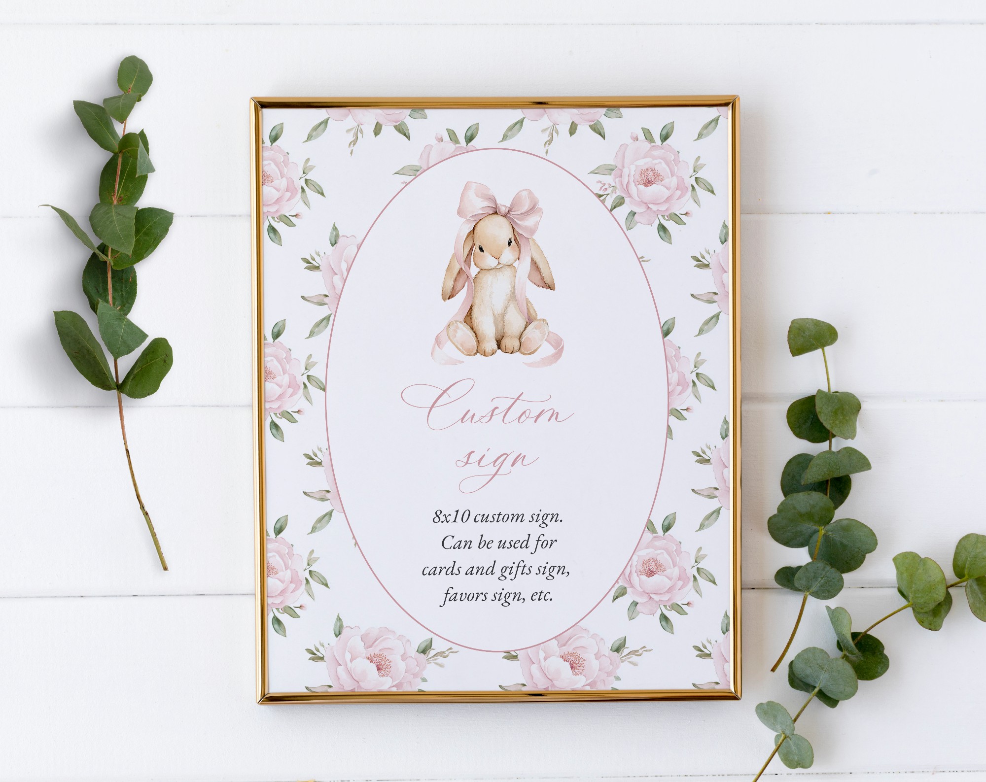 Baby Bunny and Pink Flowers Custom Sign, Printable File, Edit Yourself, SH251 SH252 Baby Bunny and Pink Flowers Custom Sign, Printable File, Edit Yourself, SH251 SH252