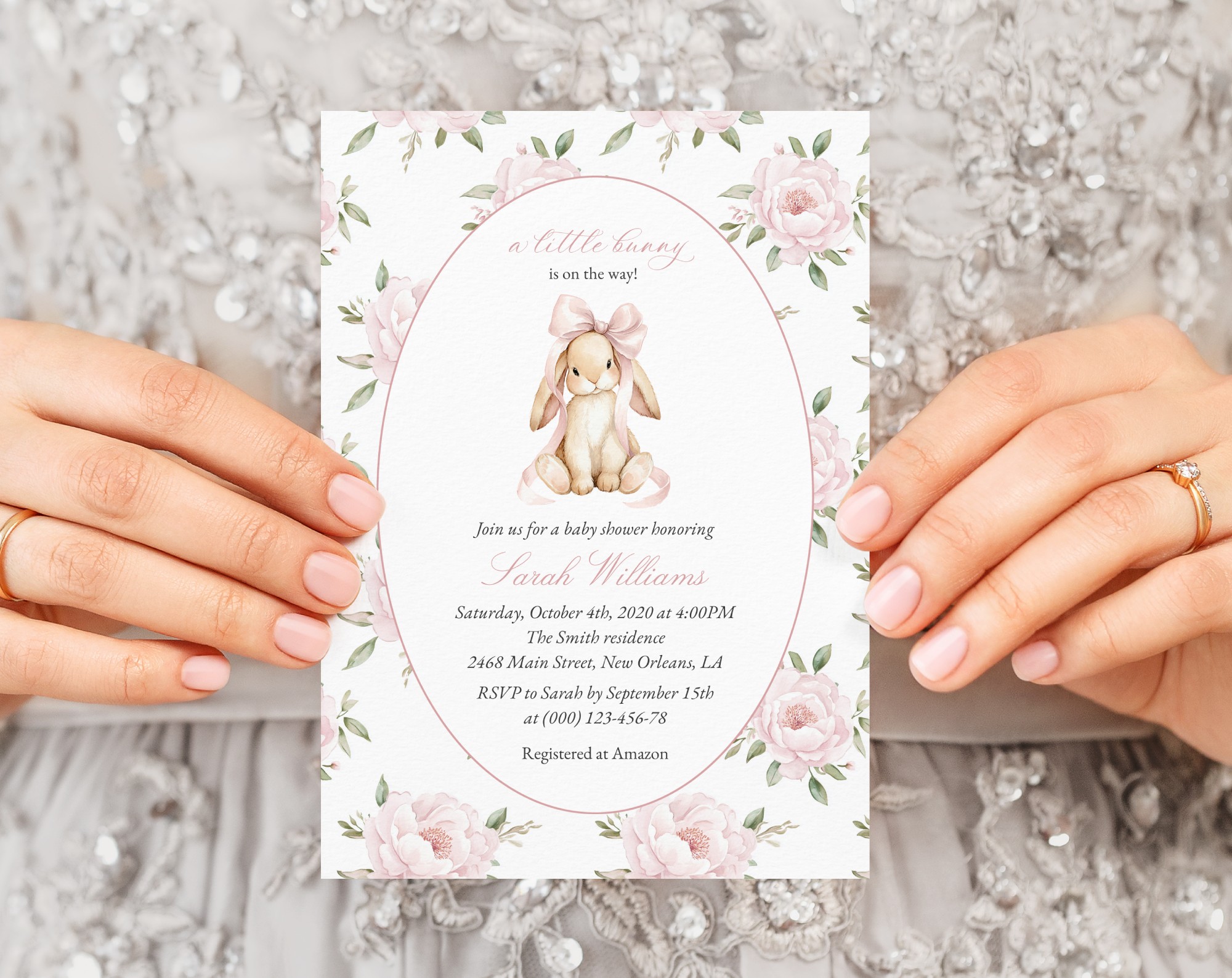 Baby Bunny and Pink Flowers Baby Shower Invitation, Girl Baby Shower, Printable File, Edit Yourself, SH251