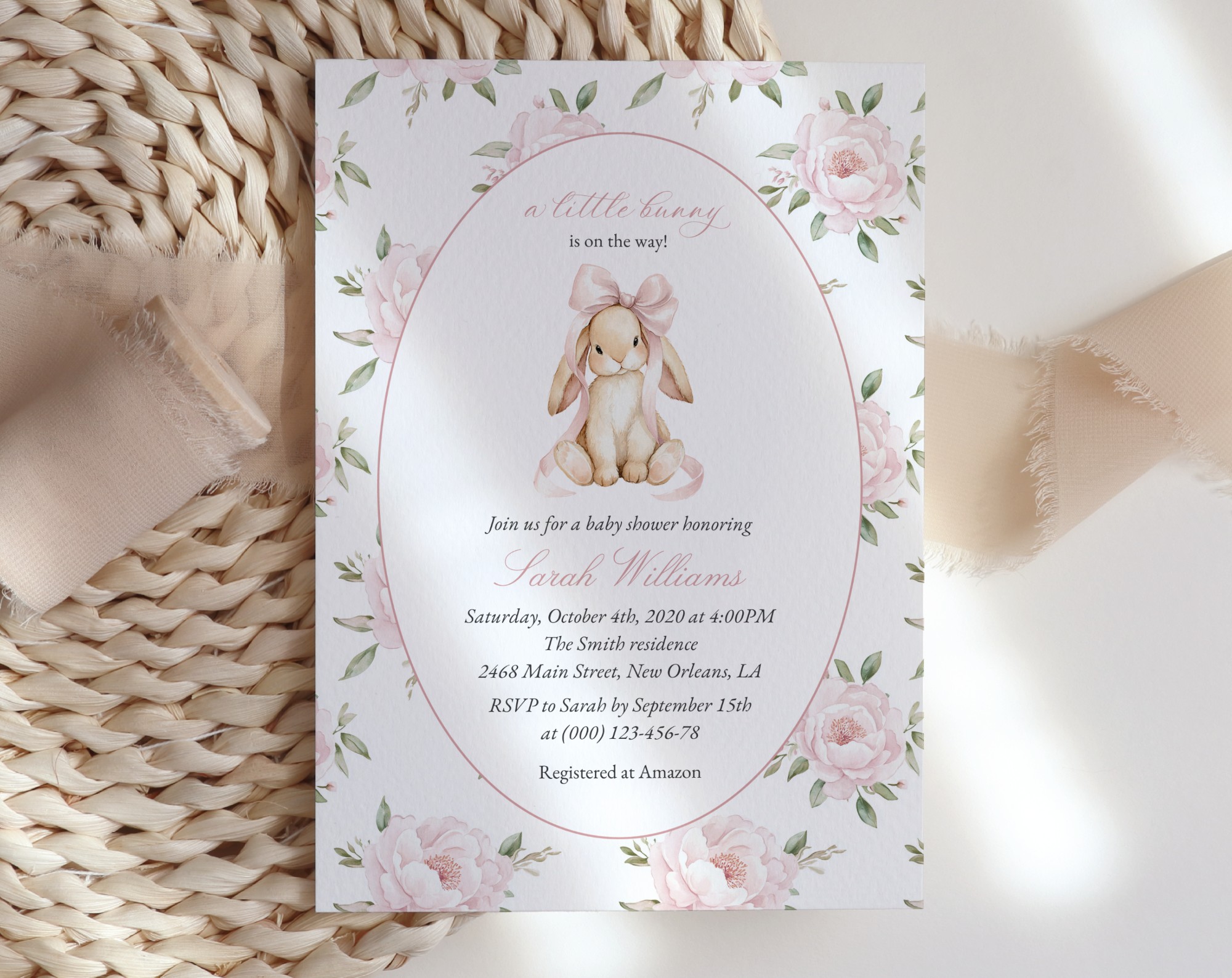 Baby Bunny and Pink Flowers Baby Shower Invitation, Girl Baby Shower, Printable File, Edit Yourself, SH251
