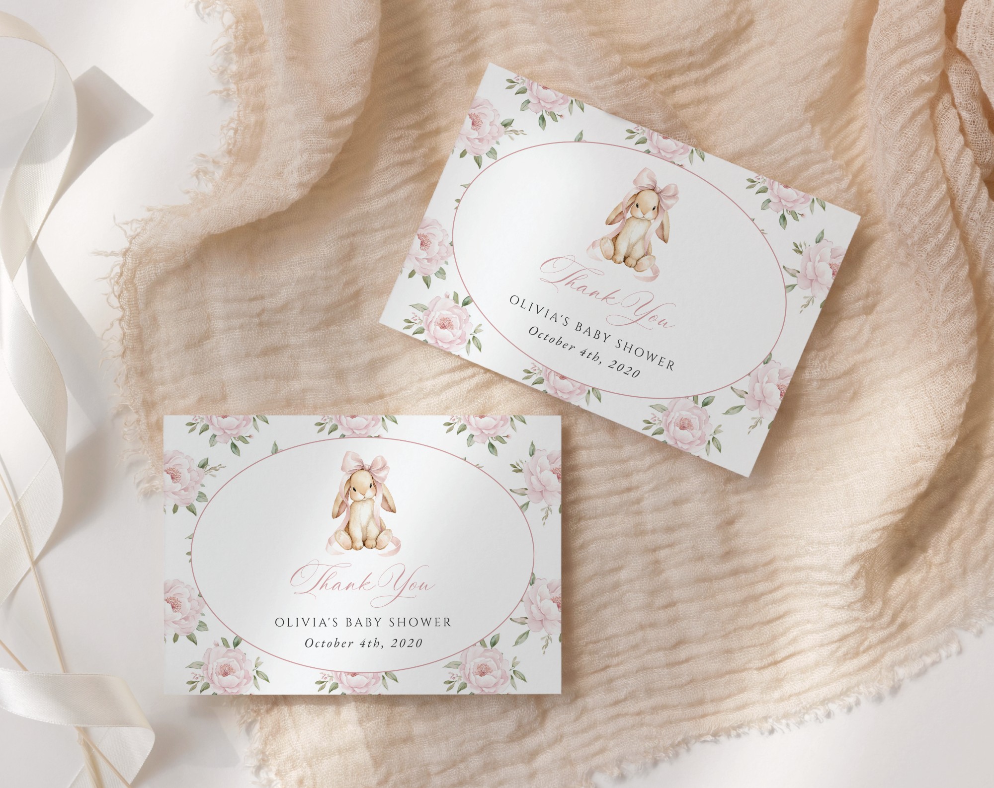 Baby Bunny and Pink Flowers Thank You Card, Girl Baby Shower, Printable File, Edit Yourself, SH251