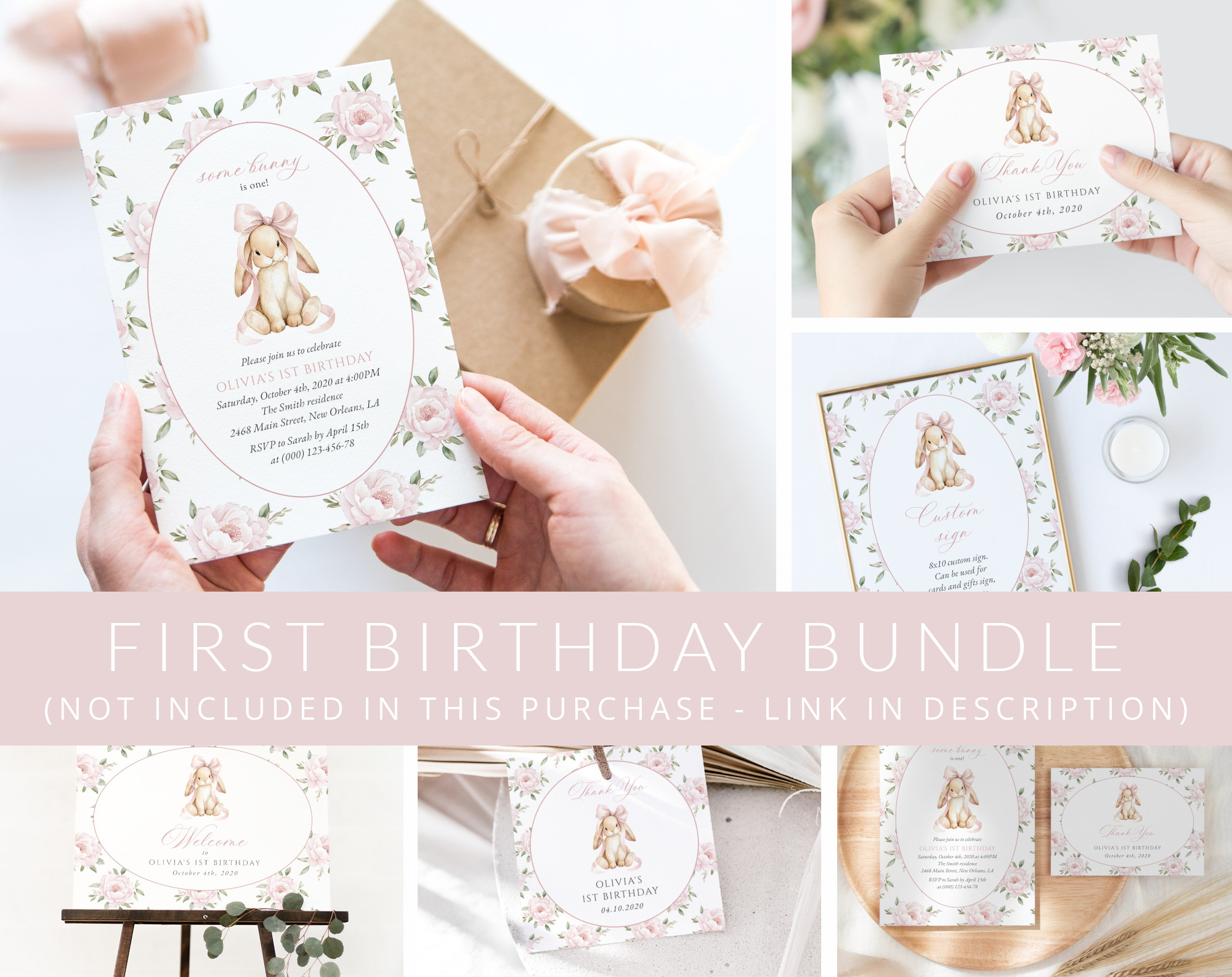 Baby Bunny and Pink Flowers First Birthday Mini Bundle, Girl Birthday, Printable File, Edit Yourself, SH252 Baby Bunny and Pink Flowers First Birthday Mini Bundle, Girl Birthday, Printable File, Edit Yourself, SH252