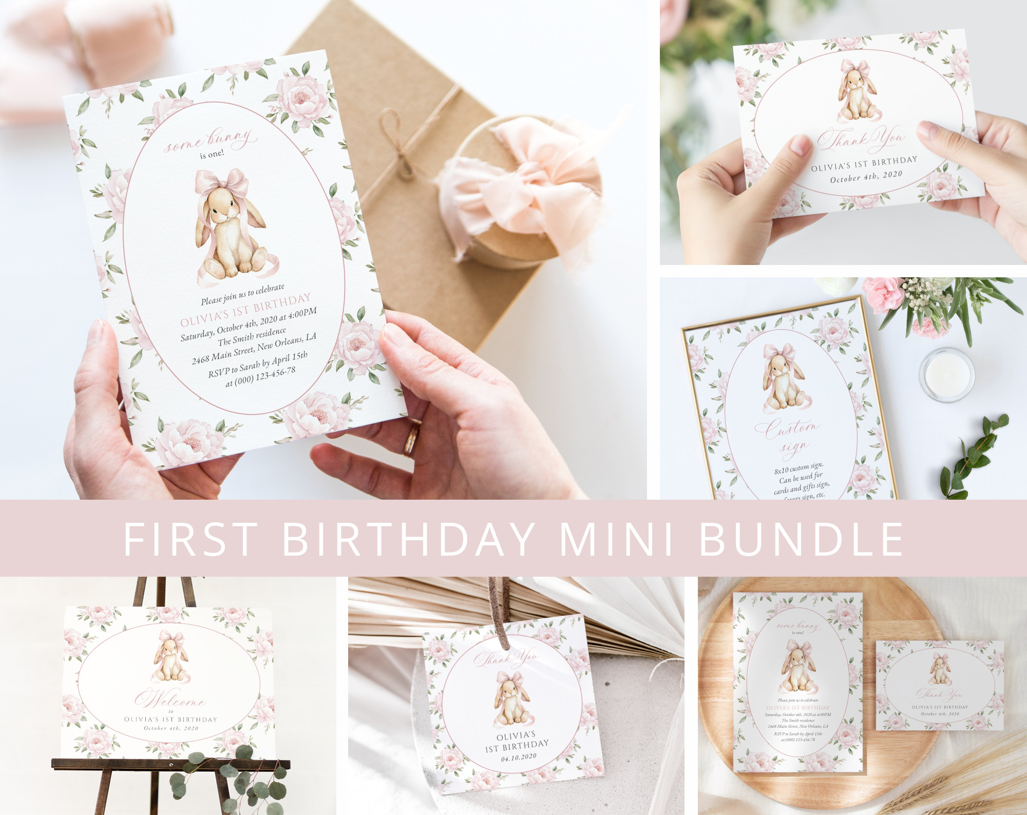 Baby Bunny and Pink Flowers First Birthday Mini Bundle, Girl Birthday, Printable File, Edit Yourself, SH252 Baby Bunny and Pink Flowers First Birthday Mini Bundle, Girl Birthday, Printable File, Edit Yourself, SH252