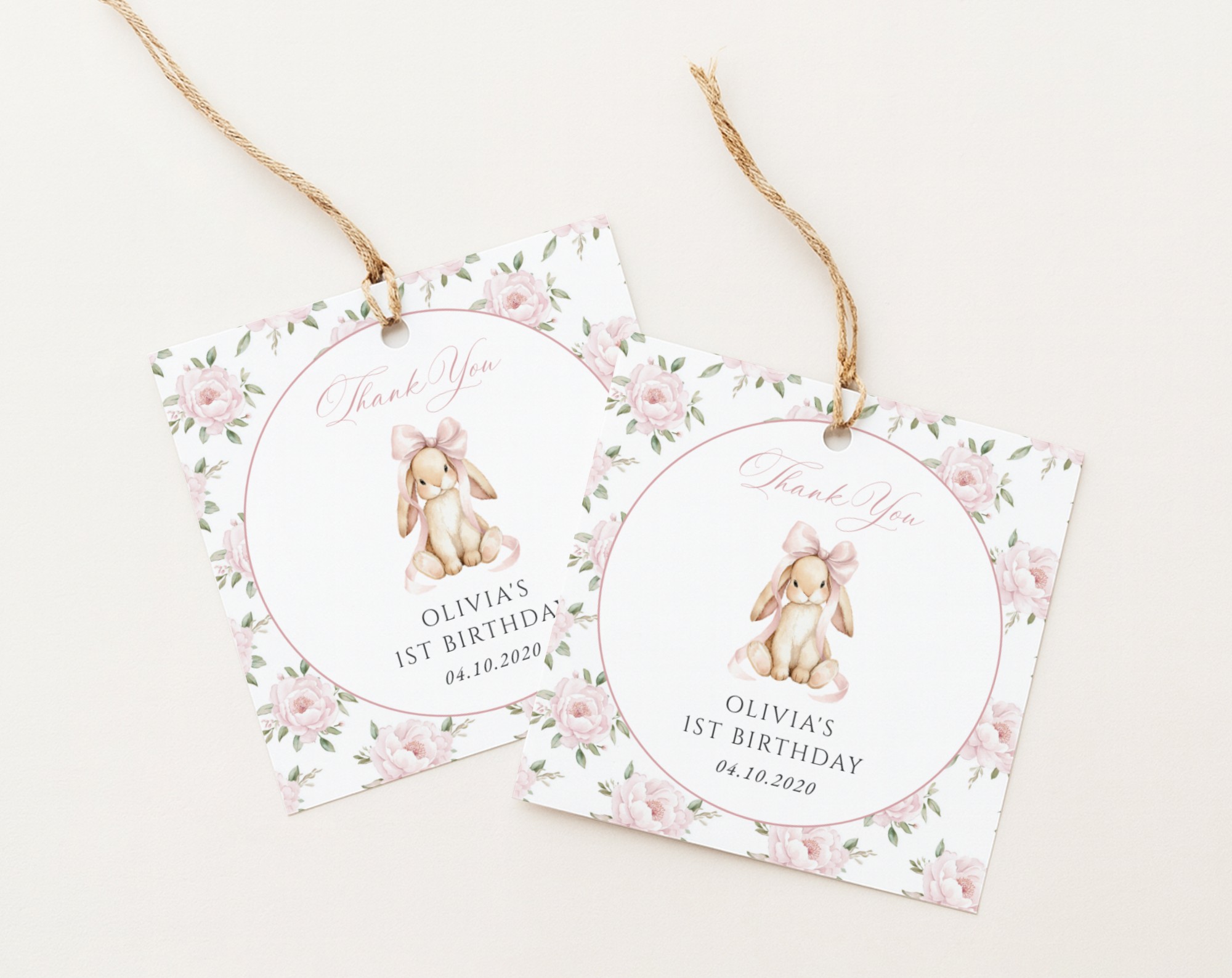 Baby Bunny and Pink Flowers Favor Tags, First Birthday, Girl Birthday, Printable File, Edit Yourself, SH252 Baby Bunny and Pink Flowers Favor Tags, First Birthday, Girl Birthday, Printable File, Edit Yourself, SH252