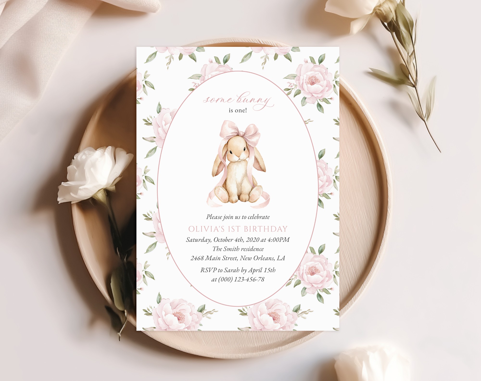 Baby Bunny and Pink Flowers First Birthday Invitation, Birthday Stationery, Girl Birthday, Printable File, Edit Yourself, SH252 Baby Bunny and Pink Flowers First Birthday Invitation, Birthday Stationery, Girl Birthday, Printable File, Edit Yourself, SH252