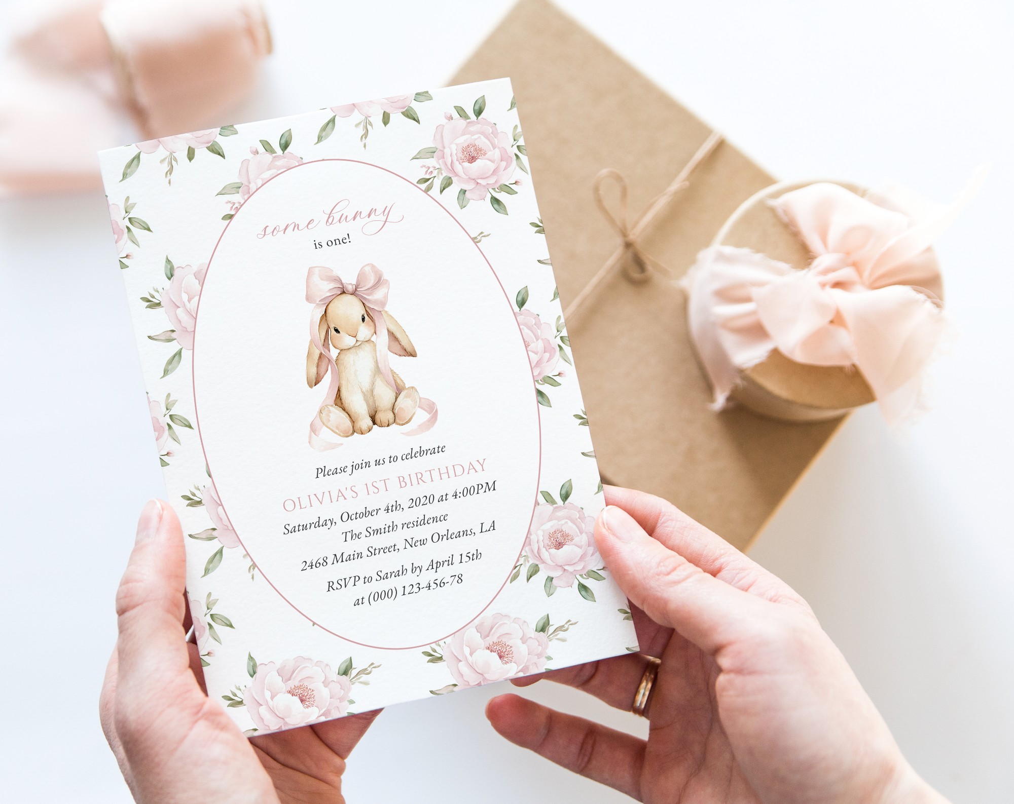 Baby Bunny and Pink Flowers First Birthday Invitation, Birthday Stationery, Girl Birthday, Printable File, Edit Yourself, SH252 Baby Bunny and Pink Flowers First Birthday Invitation, Birthday Stationery, Girl Birthday, Printable File, Edit Yourself, SH252