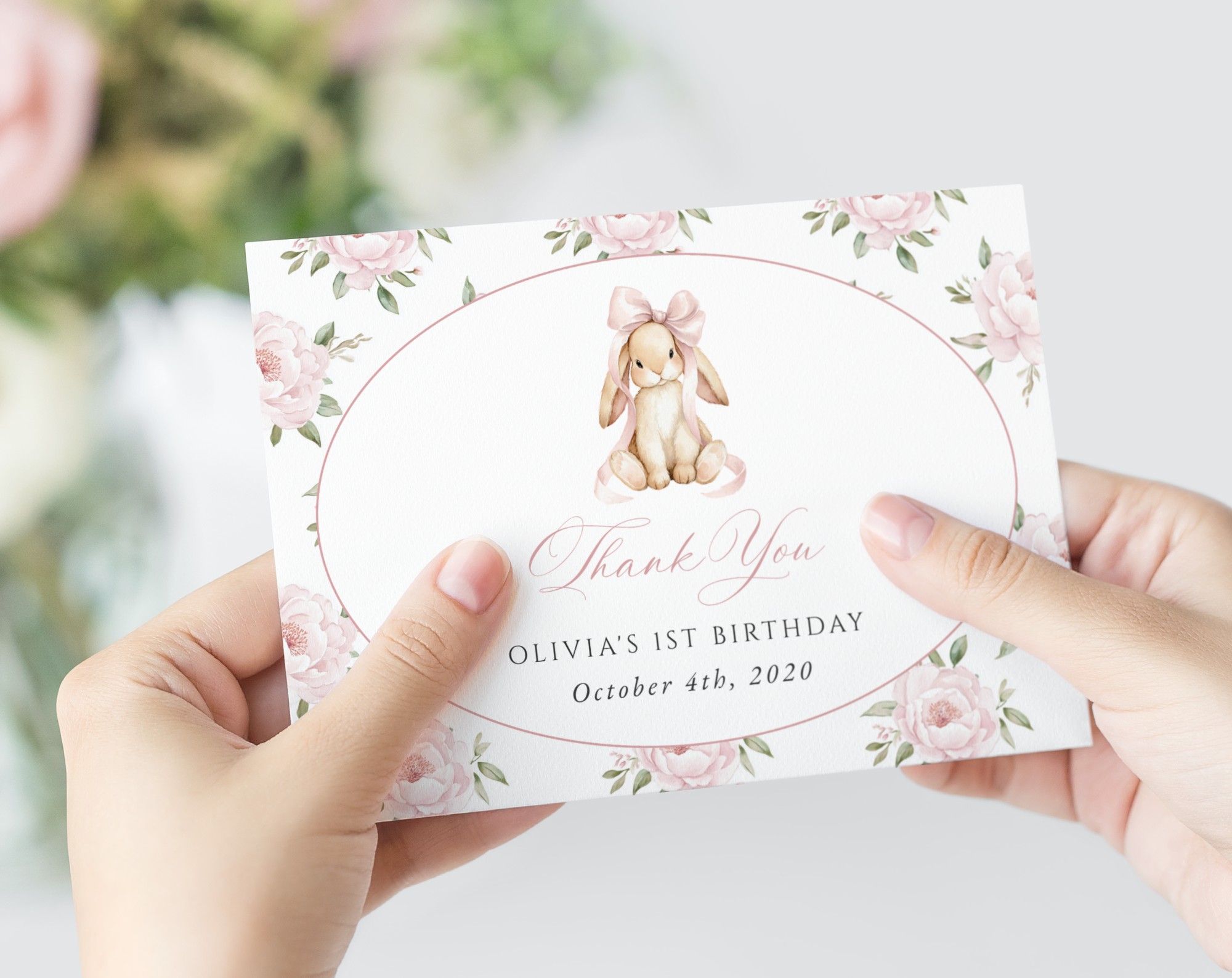 Baby Bunny and Pink Flowers Thank You Card, First Birthday, Girl Birthday, Printable File, Edit Yourself, SH252 Baby Bunny and Pink Flowers Thank You Card, First Birthday, Girl Birthday, Printable File, Edit Yourself, SH252