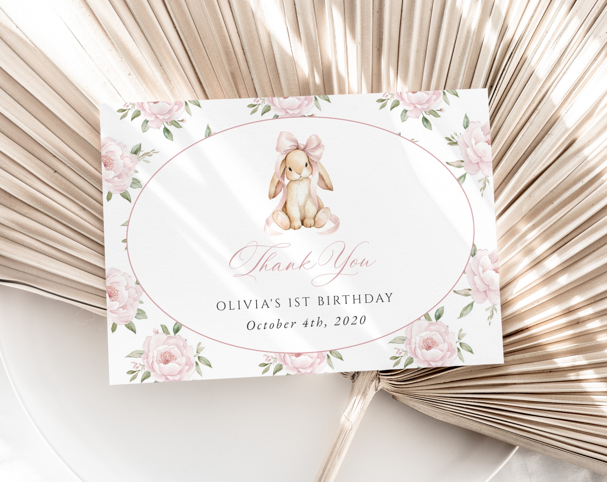 Baby Bunny and Pink Flowers Thank You Card, First Birthday, Girl Birthday, Printable File, Edit Yourself, SH252 Baby Bunny and Pink Flowers Thank You Card, First Birthday, Girl Birthday, Printable File, Edit Yourself, SH252