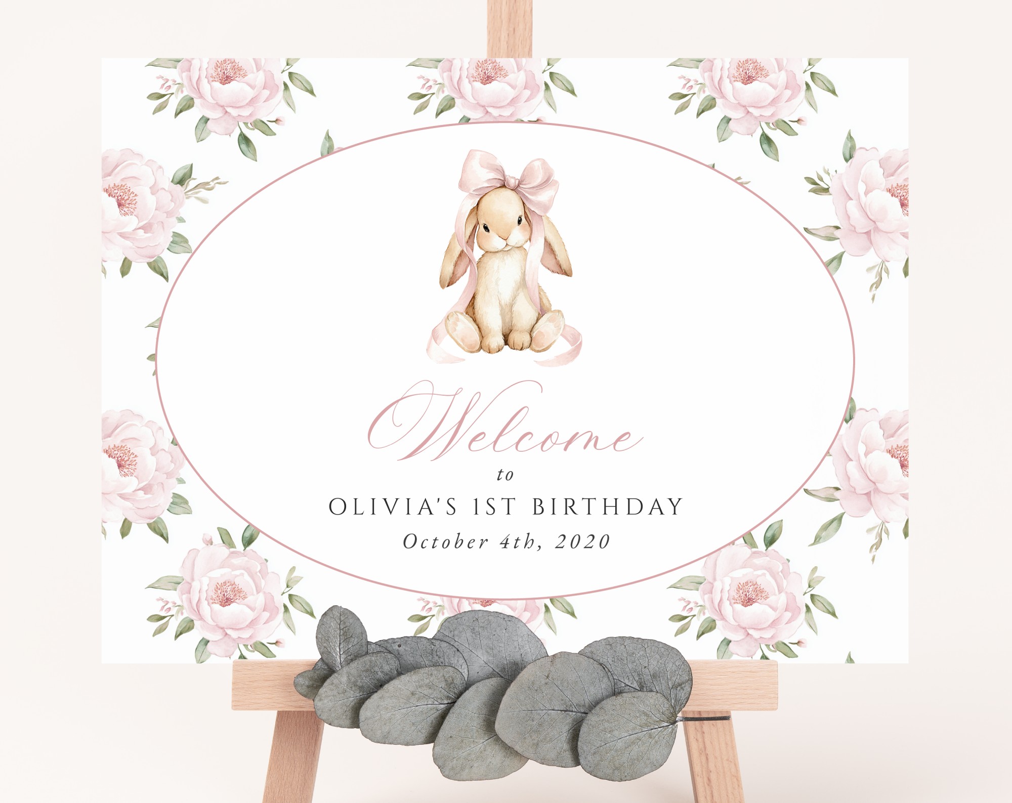 Baby Bunny and Pink Flowers Welcome Sign, First Birthday, Girl Birthday, Printable File, Edit Yourself, SH252 Baby Bunny and Pink Flowers Welcome Sign, First Birthday, Girl Birthday, Printable File, Edit Yourself, SH252
