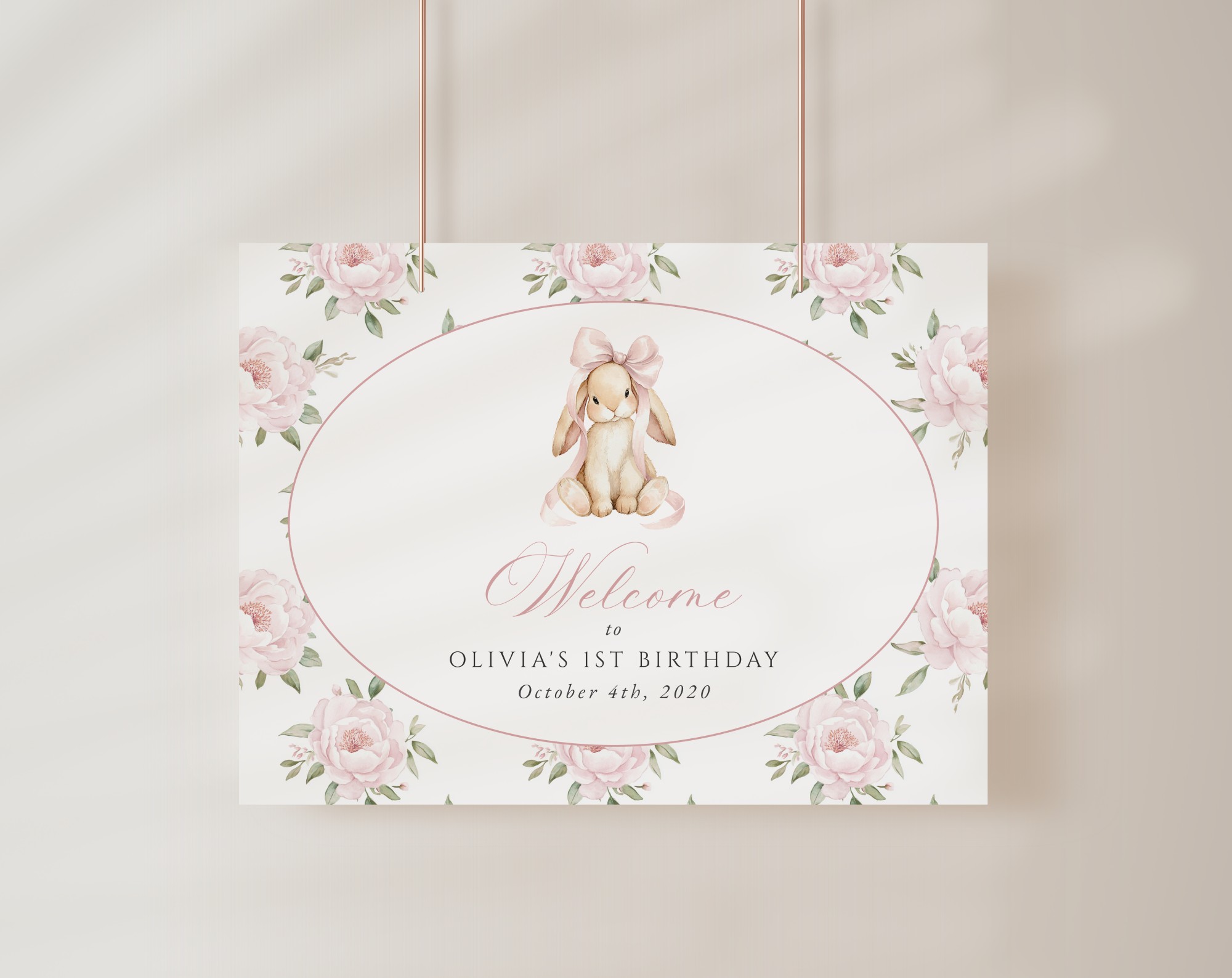 Baby Bunny and Pink Flowers Welcome Sign, First Birthday, Girl Birthday, Printable File, Edit Yourself, SH252