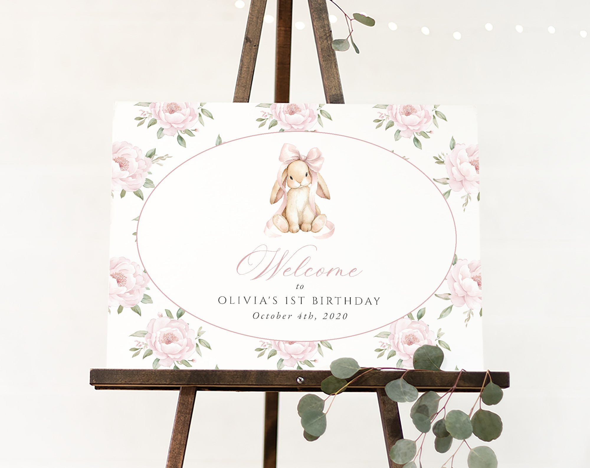Baby Bunny and Pink Flowers Welcome Sign, First Birthday, Girl Birthday, Printable File, Edit Yourself, SH252