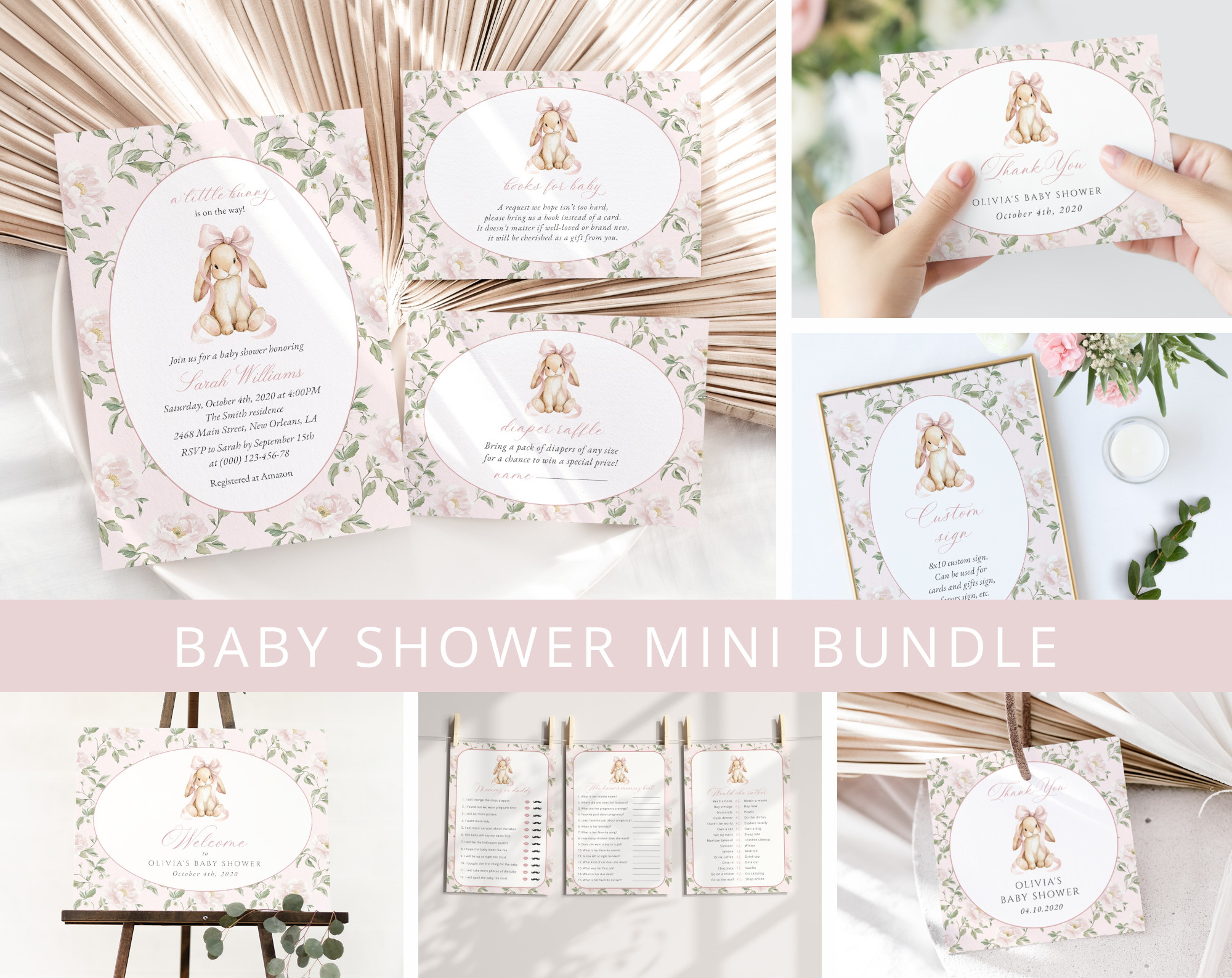 Cute Bunny and Pink Flowers Baby Shower Mini Bundle, Girl Baby Shower, Printable File, Edit Yourself, SH253
