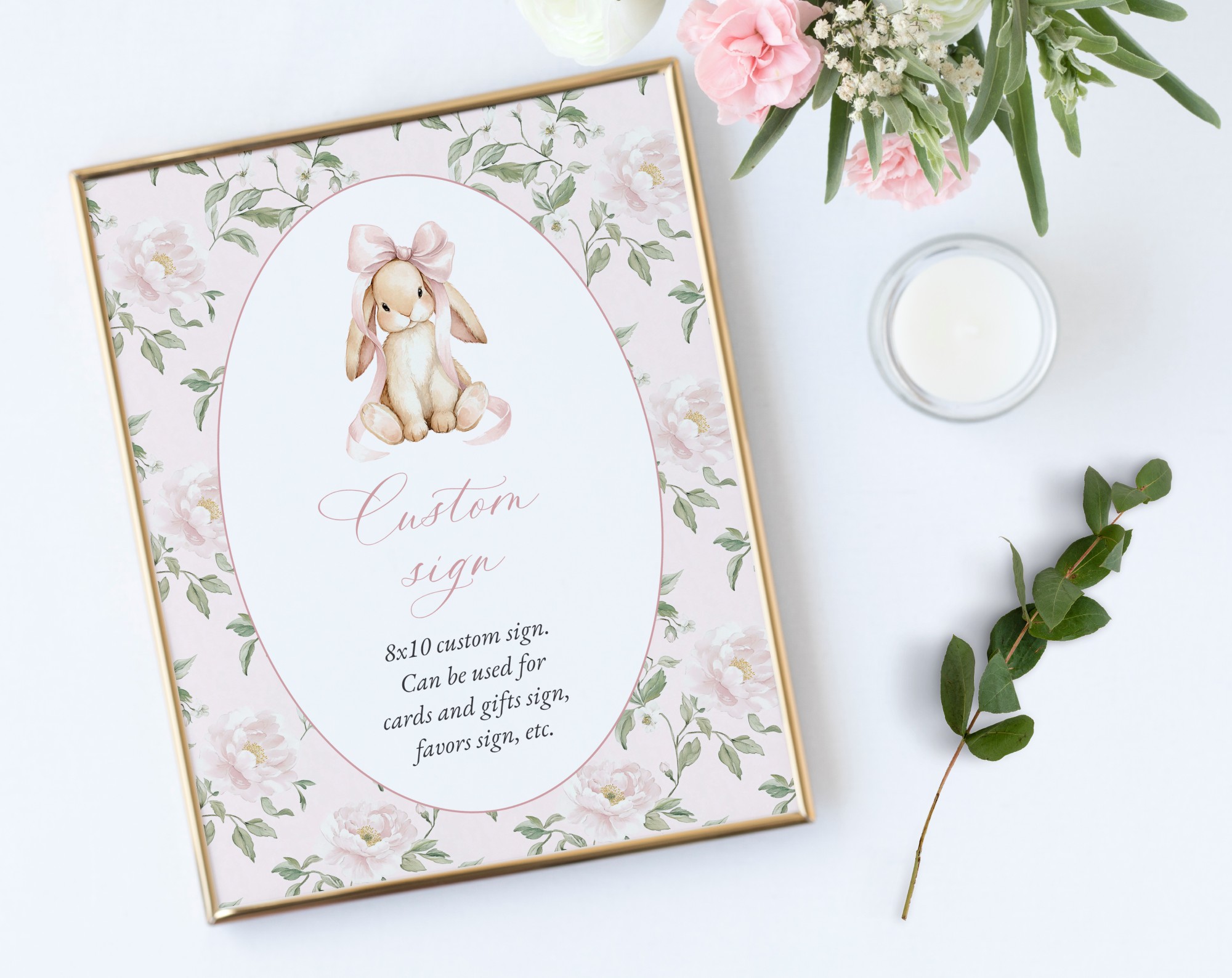 Cute Bunny and Pink Flowers Custom Sign, Printable File, Edit Yourself, SH253 SH254