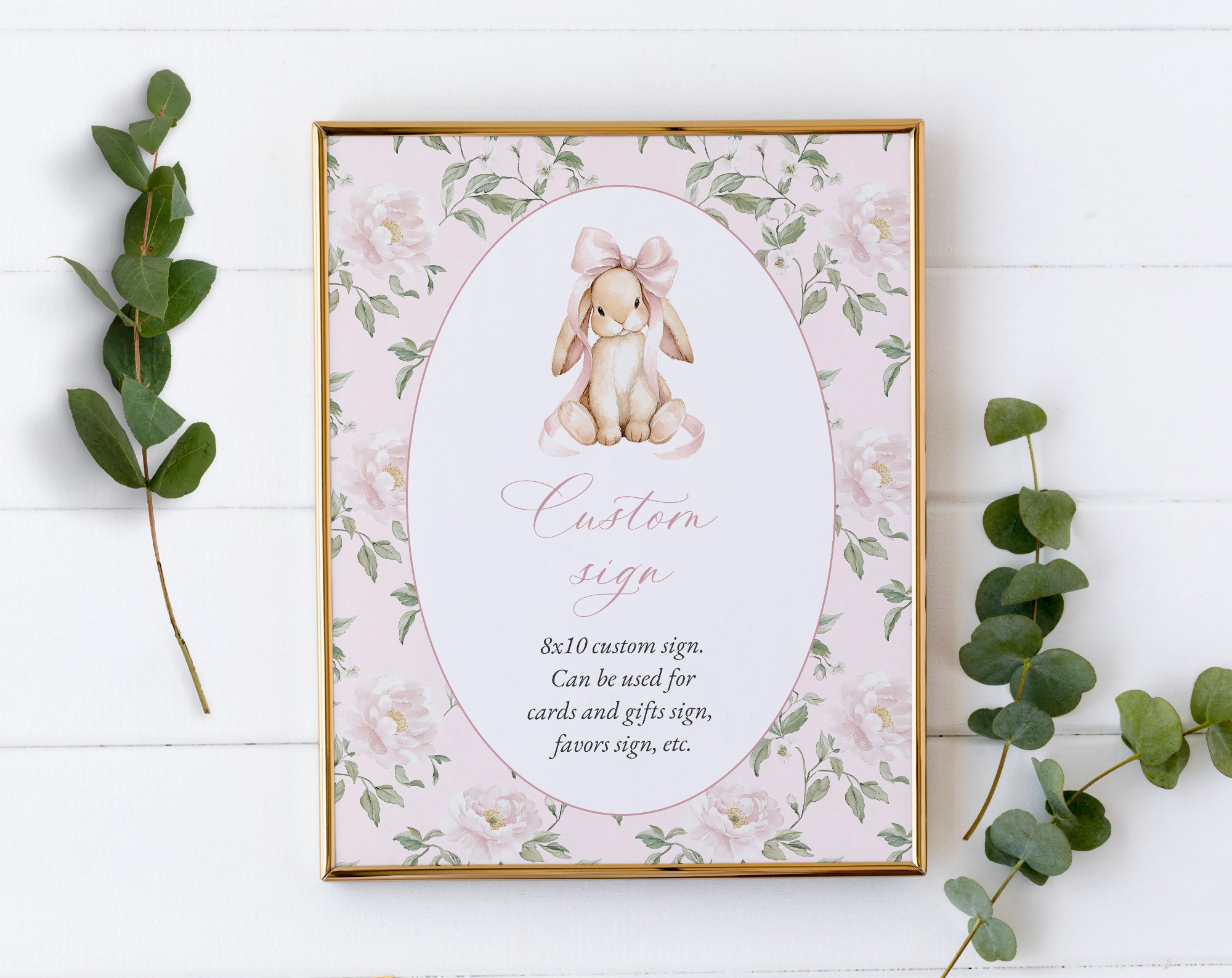 Cute Bunny and Pink Flowers Custom Sign, Printable File, Edit Yourself, SH253 SH254 Cute Bunny and Pink Flowers Custom Sign, Printable File, Edit Yourself, SH253 SH254