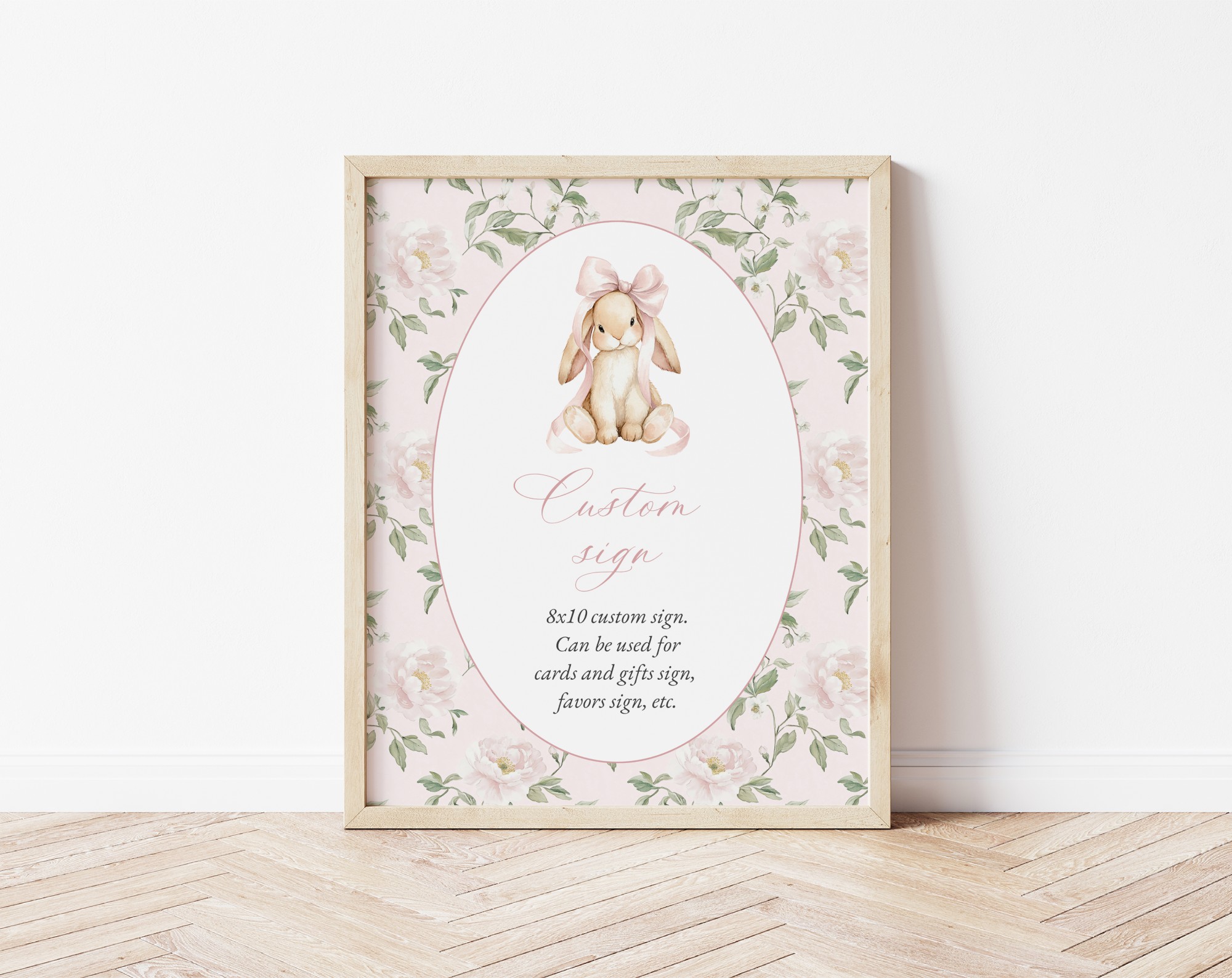 Cute Bunny and Pink Flowers Custom Sign, Printable File, Edit Yourself, SH253 SH254 Cute Bunny and Pink Flowers Custom Sign, Printable File, Edit Yourself, SH253 SH254