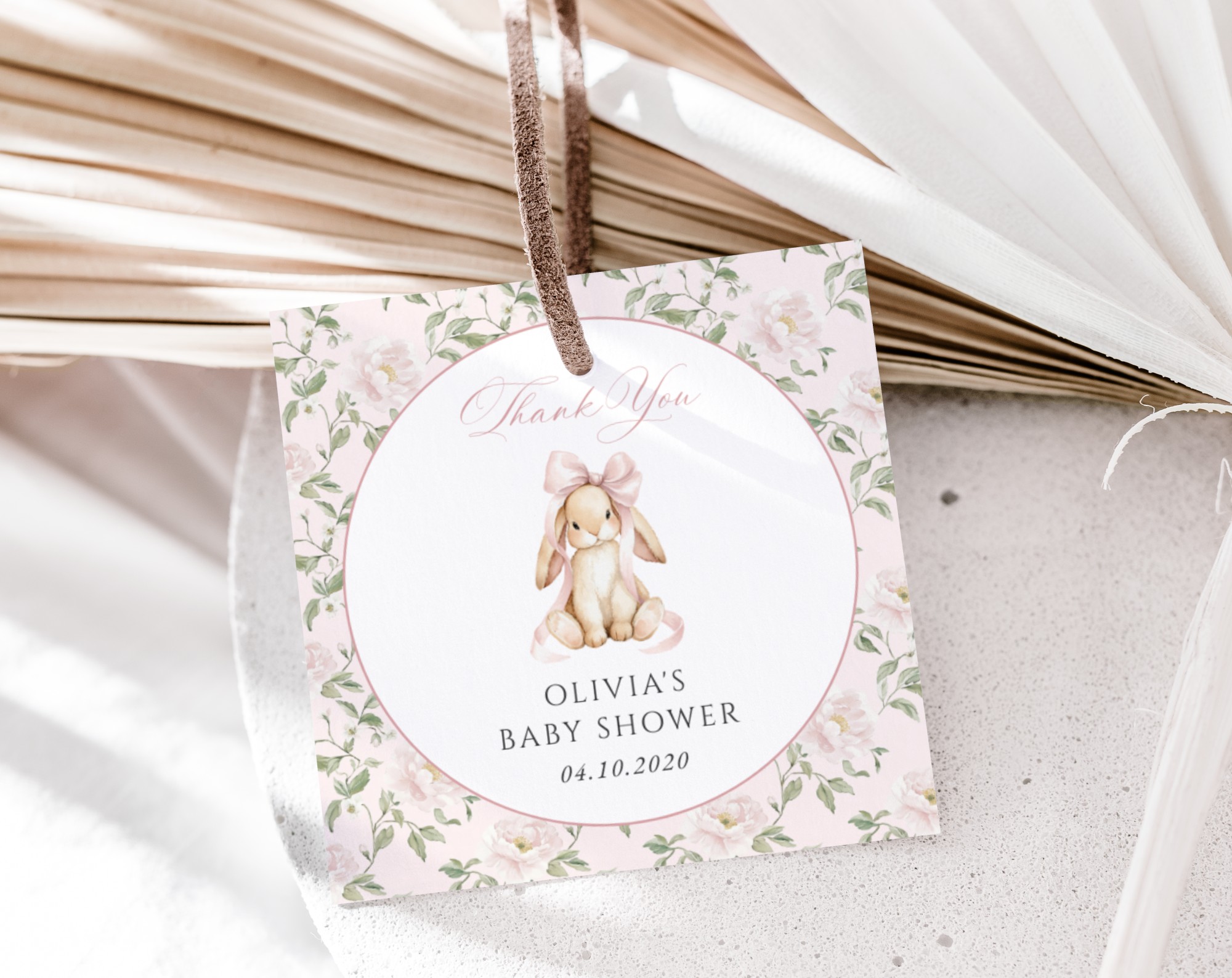 Cute Bunny and Pink Flowers Favor Tags, Gift Tags, Girl Baby Shower, Printable File, Edit Yourself, SH253