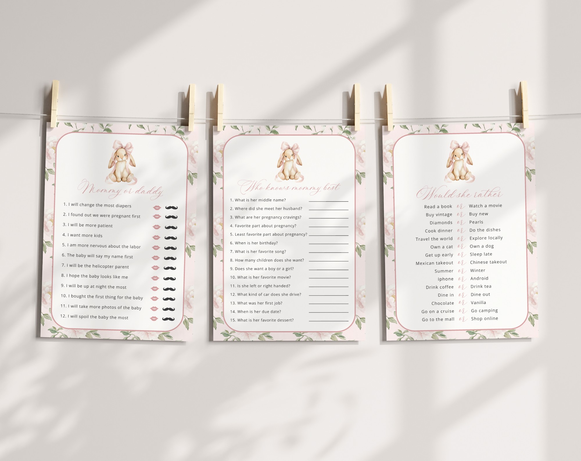 Cute Bunny and Pink Flowers Baby Shower Games, Set of 3 Games, Girl Baby Shower, Printable File, Edit Yourself, SH253 Cute Bunny and Pink Flowers Baby Shower Games, Set of 3 Games, Girl Baby Shower, Printable File, Edit Yourself, SH253