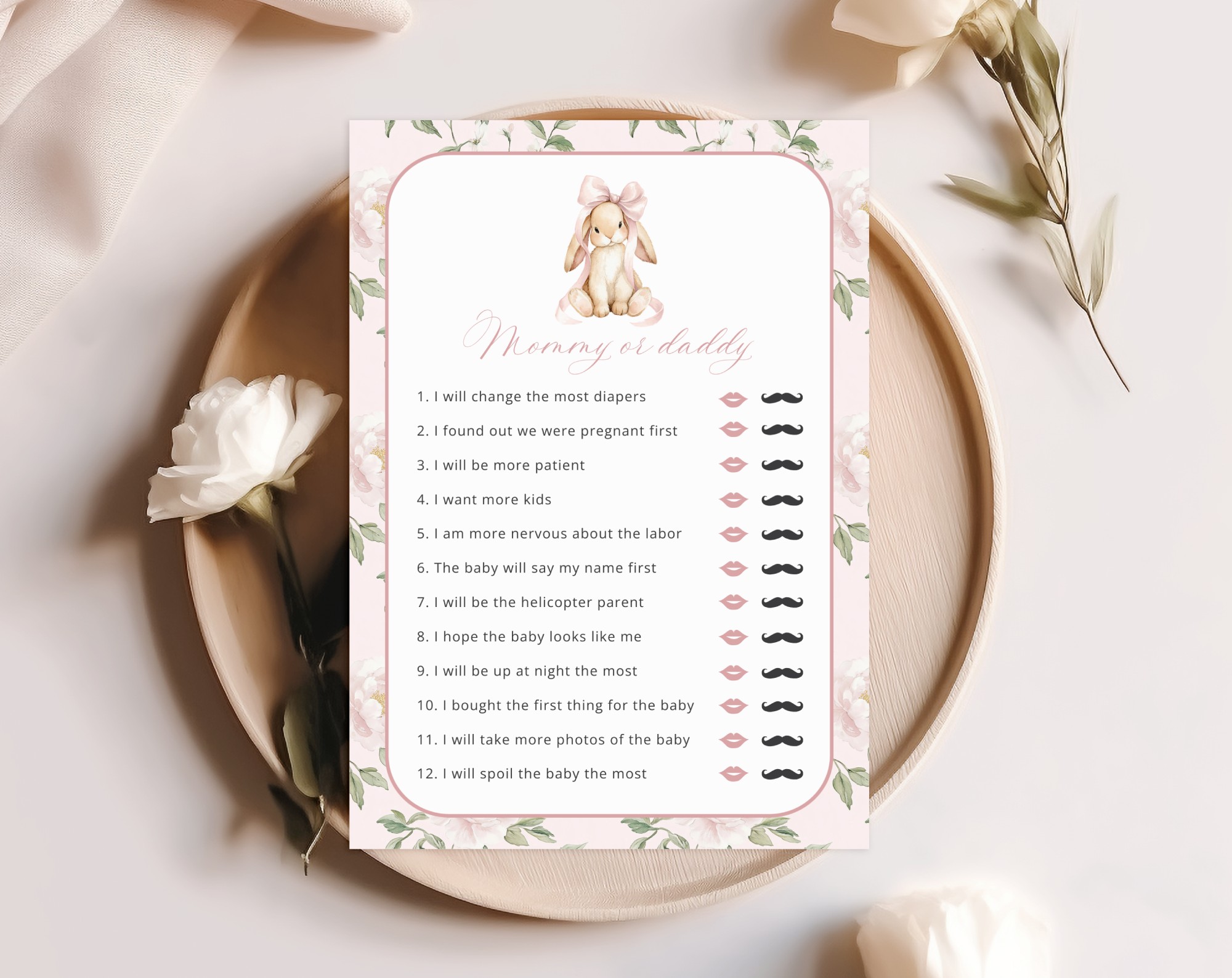 Cute Bunny and Pink Flowers Baby Shower Games, Set of 3 Games, Girl Baby Shower, Printable File, Edit Yourself, SH253