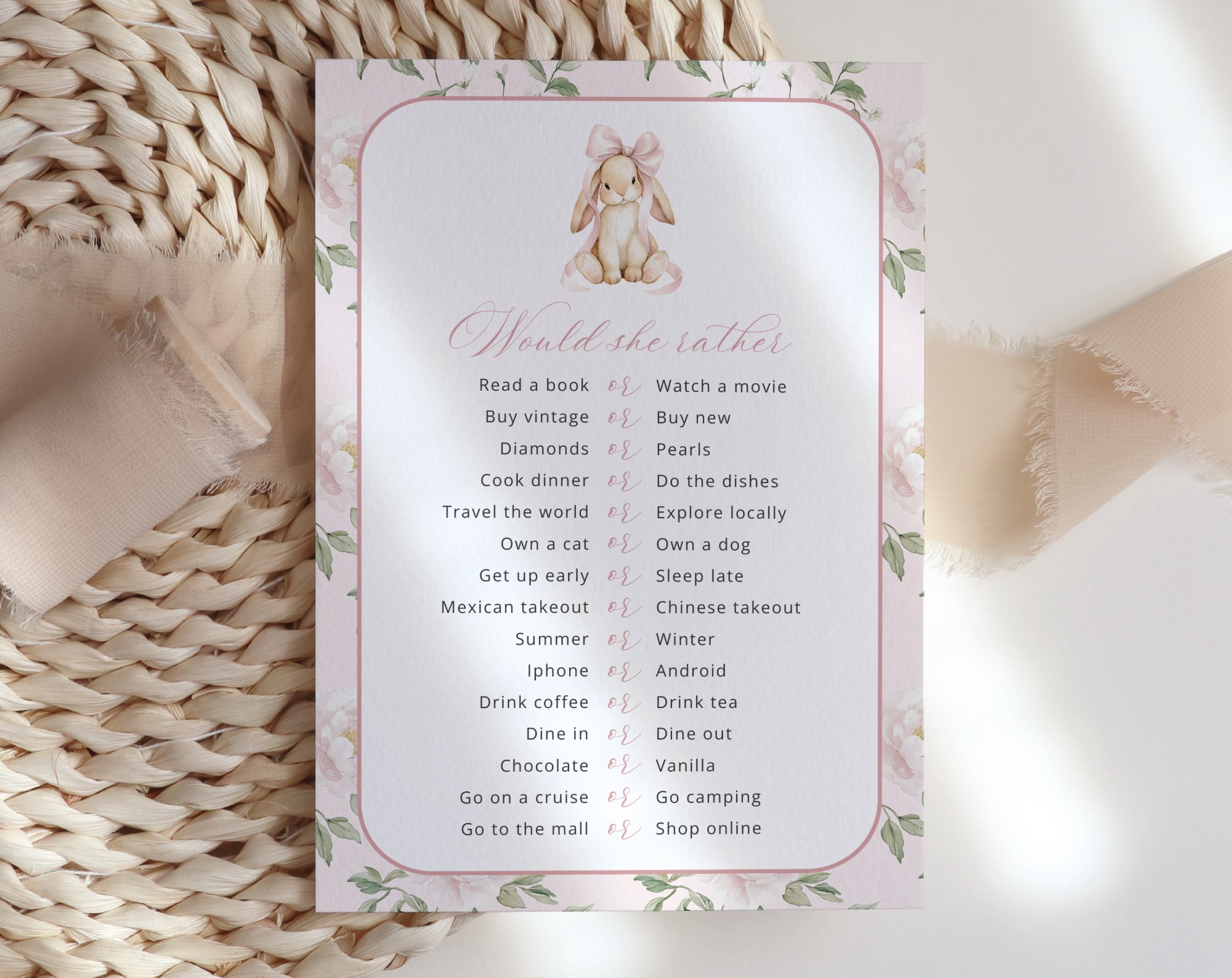 Cute Bunny and Pink Flowers Baby Shower Games, Set of 3 Games, Girl Baby Shower, Printable File, Edit Yourself, SH253