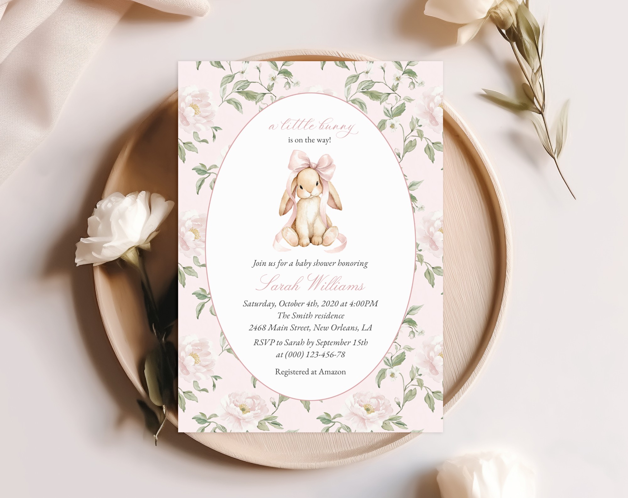 Cute Bunny and Pink Flowers Baby Shower Invitation, Girl Baby Shower, Printable File, Edit Yourself, SH253