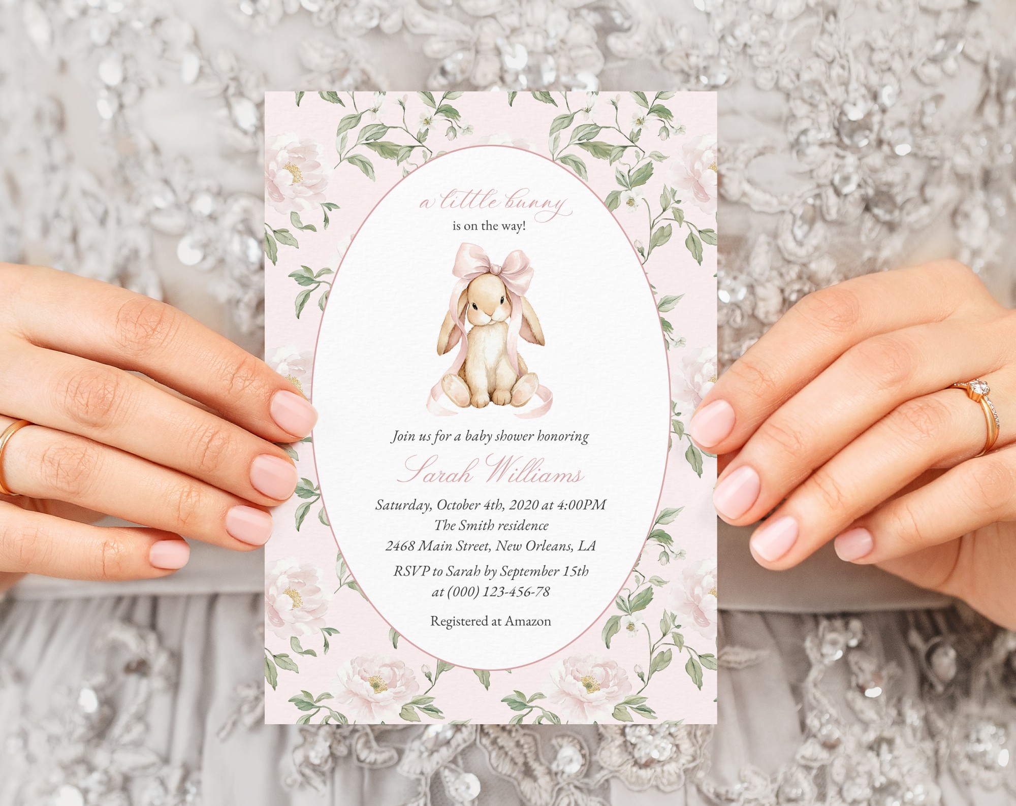 Cute Bunny and Pink Flowers Baby Shower Invitation, Girl Baby Shower, Printable File, Edit Yourself, SH253