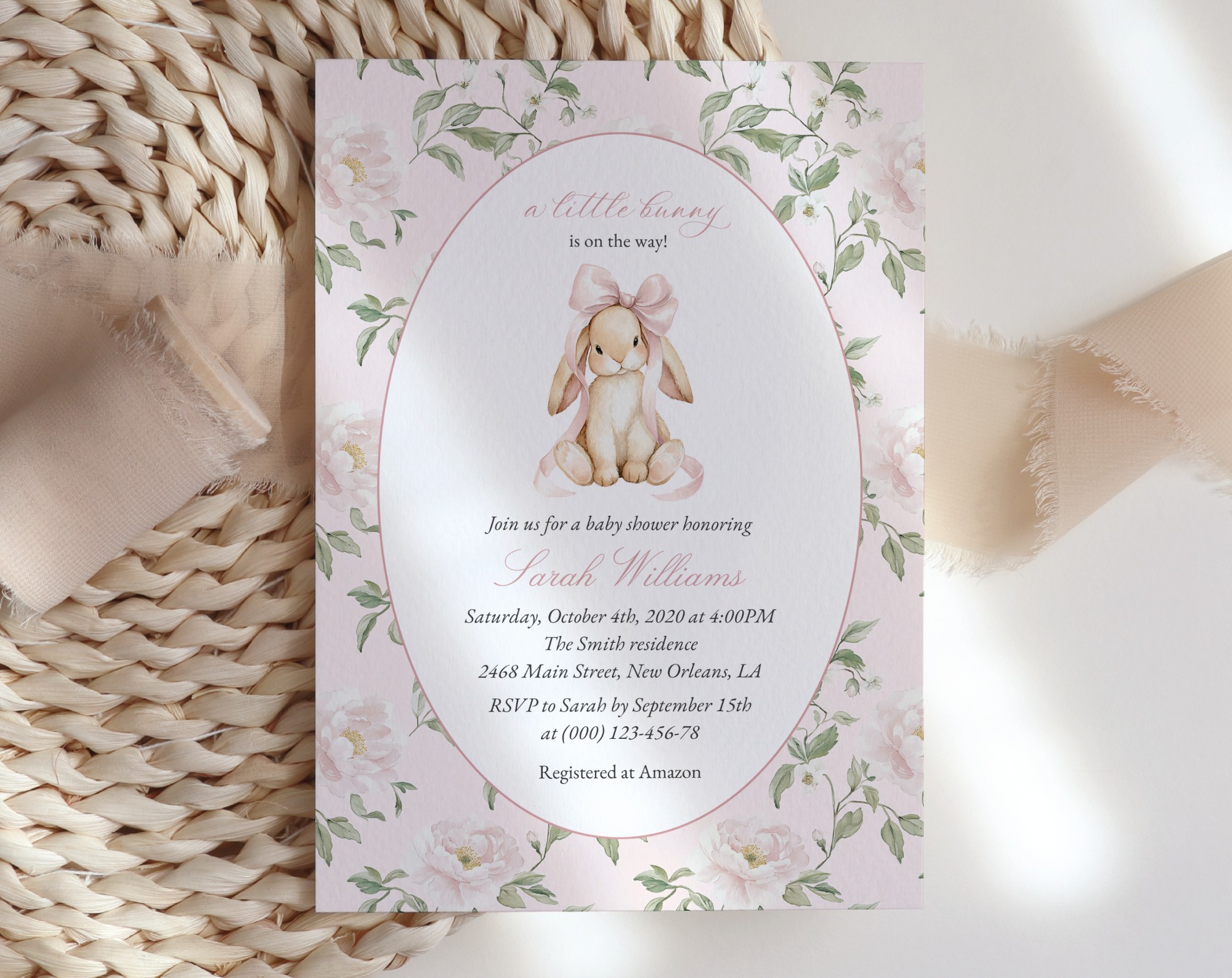 Cute Bunny and Pink Flowers Baby Shower Invitation, Girl Baby Shower, Printable File, Edit Yourself, SH253