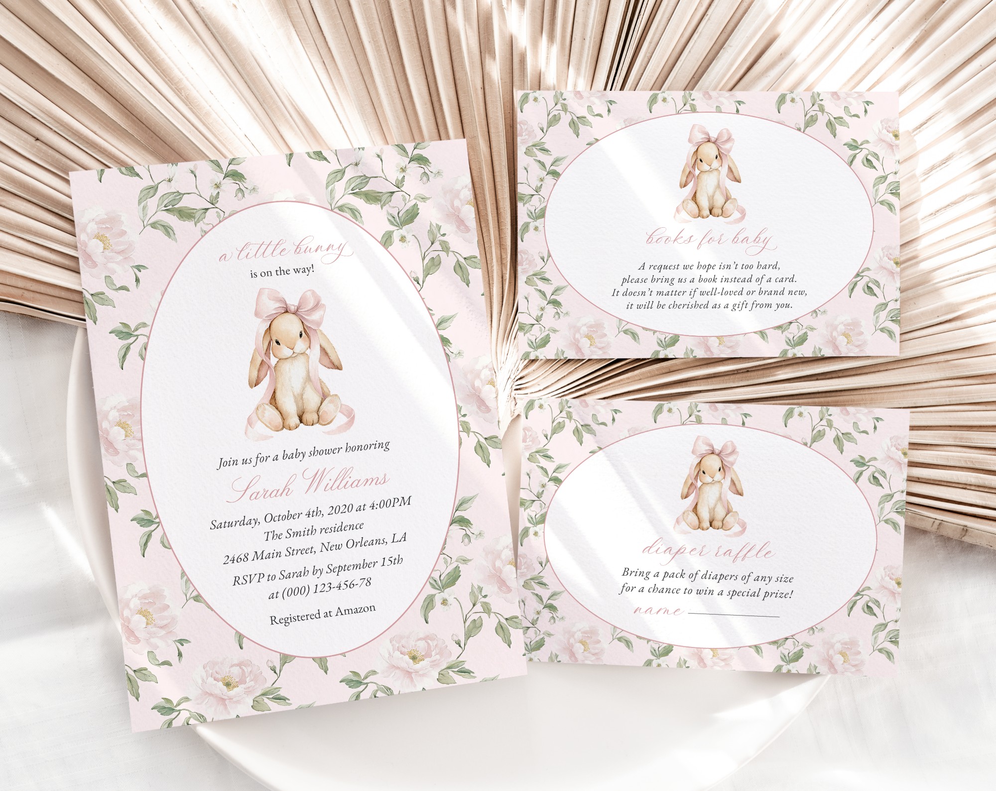 Cute Bunny and Pink Flowers Baby Shower Invitation Suite, Girl Baby Shower, Printable File, Edit Yourself, SH253