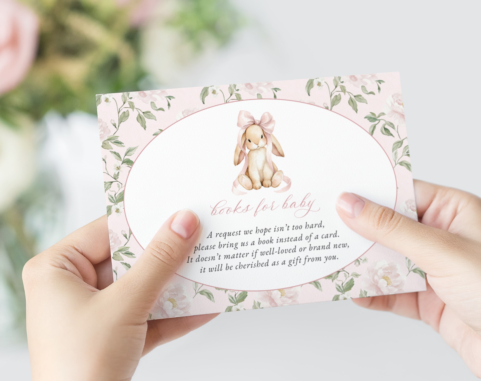 Cute Bunny and Pink Flowers Baby Shower Invitation Suite, Girl Baby Shower, Printable File, Edit Yourself, SH253