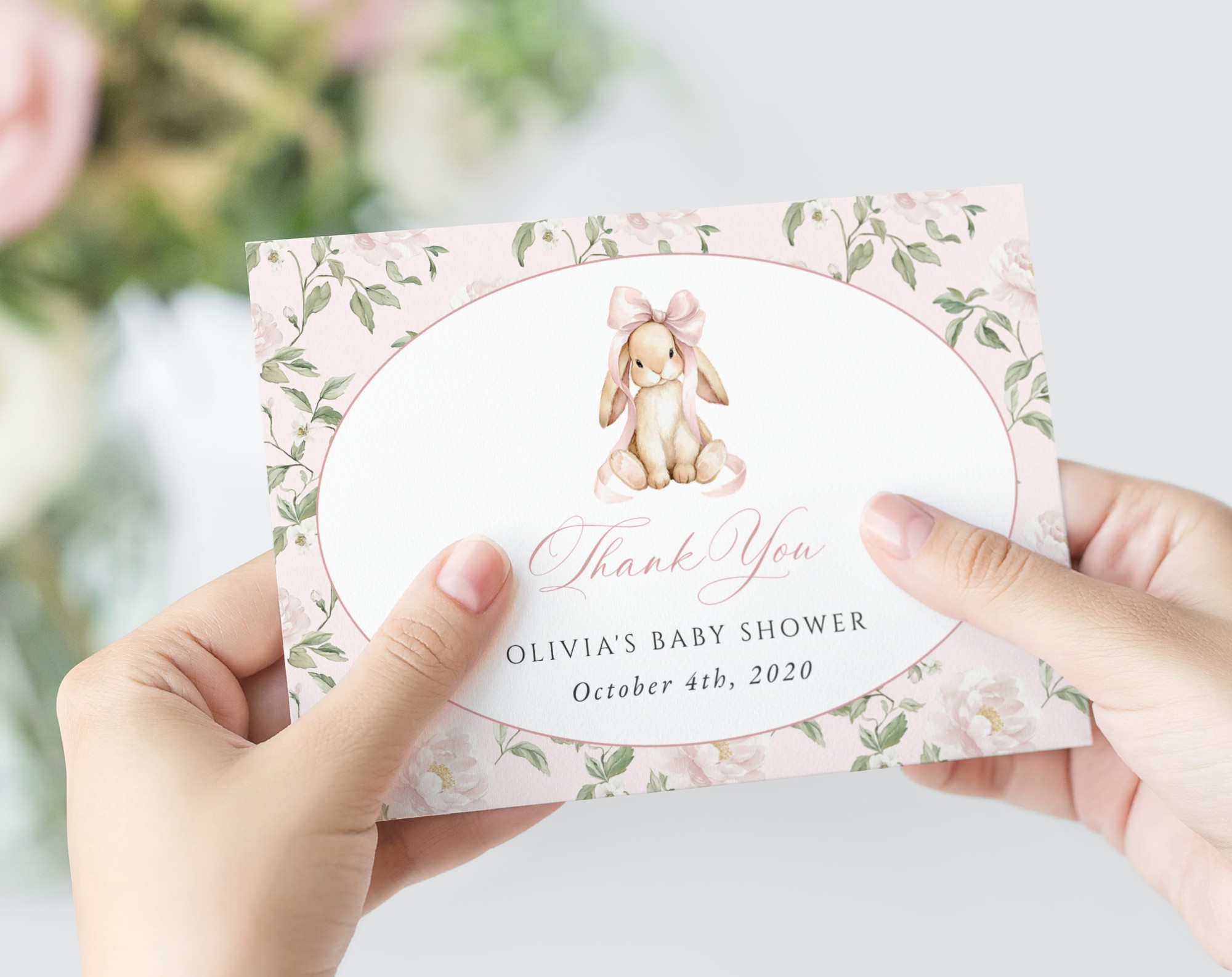 Cute Bunny and Pink Flowers Thank You Card, Girl Baby Shower, Printable File, Edit Yourself, SH253