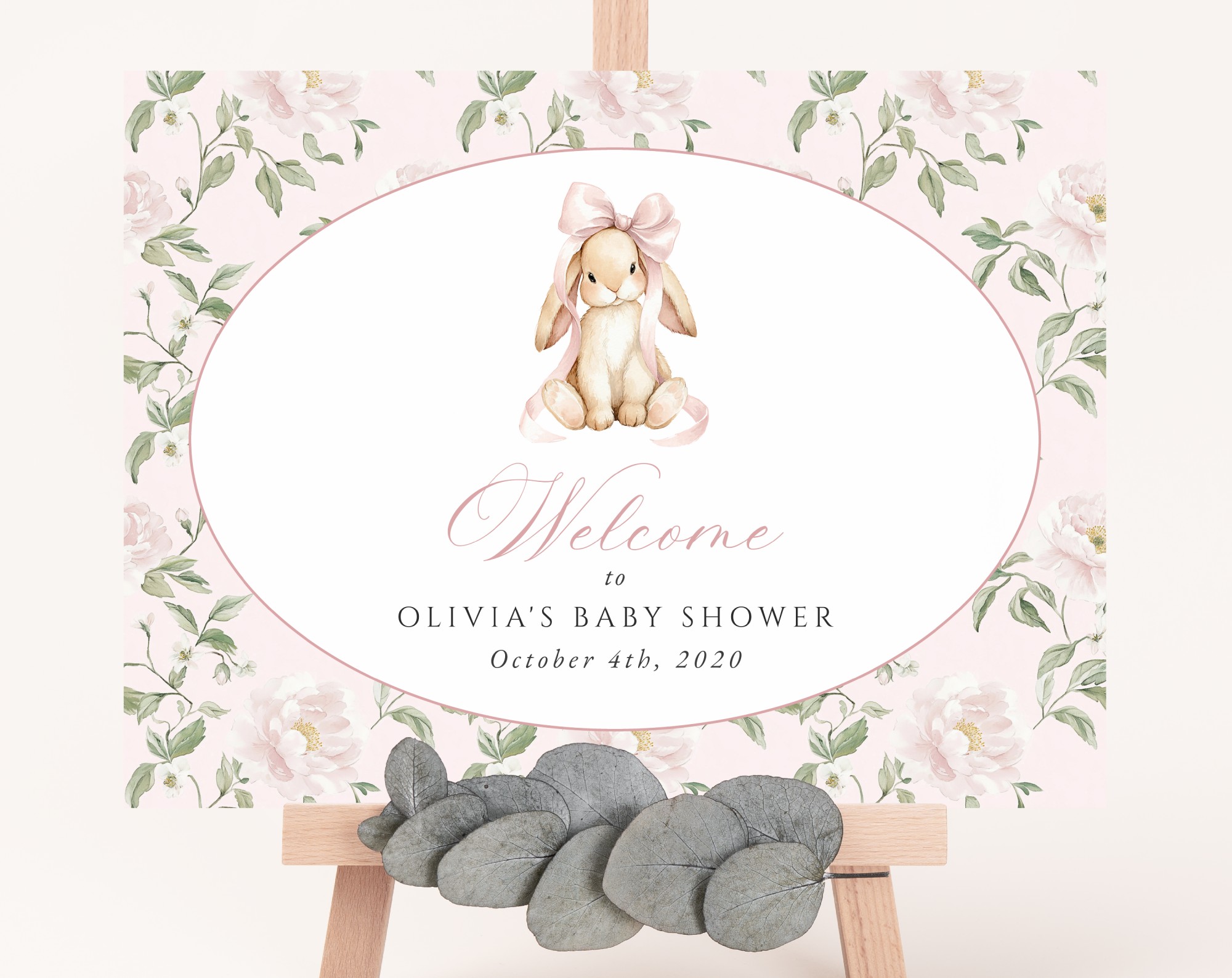 Cute Bunny and Pink Flowers Welcome Sign, Baby Shower Sign, Girl Baby Shower, Printable File, Edit Yourself, SH253