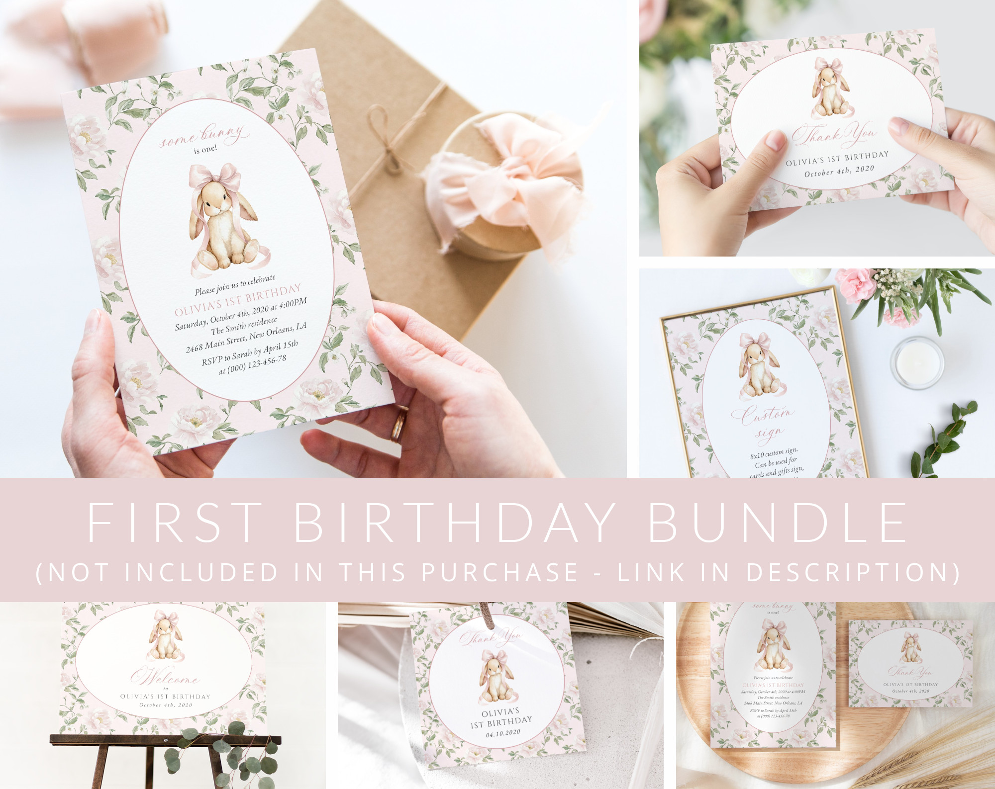 Cute Bunny and Pink Flowers First Birthday Mini Bundle, Girl Birthday, Printable File, Edit Yourself, SH254
