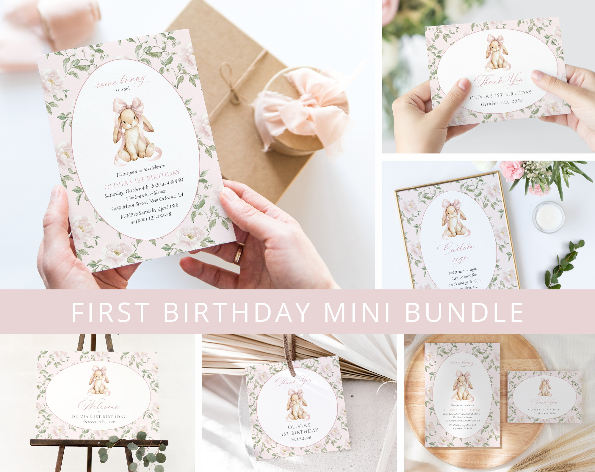 Cute Bunny and Pink Flowers First Birthday Mini Bundle, Girl Birthday, Printable File, Edit Yourself, SH254