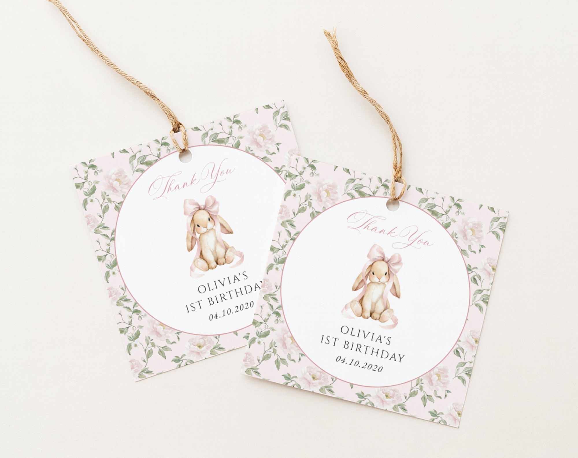 Cute Bunny and Pink Flowers Favor Tags, First Birthday, Girl Birthday, Printable File, Edit Yourself, SH254