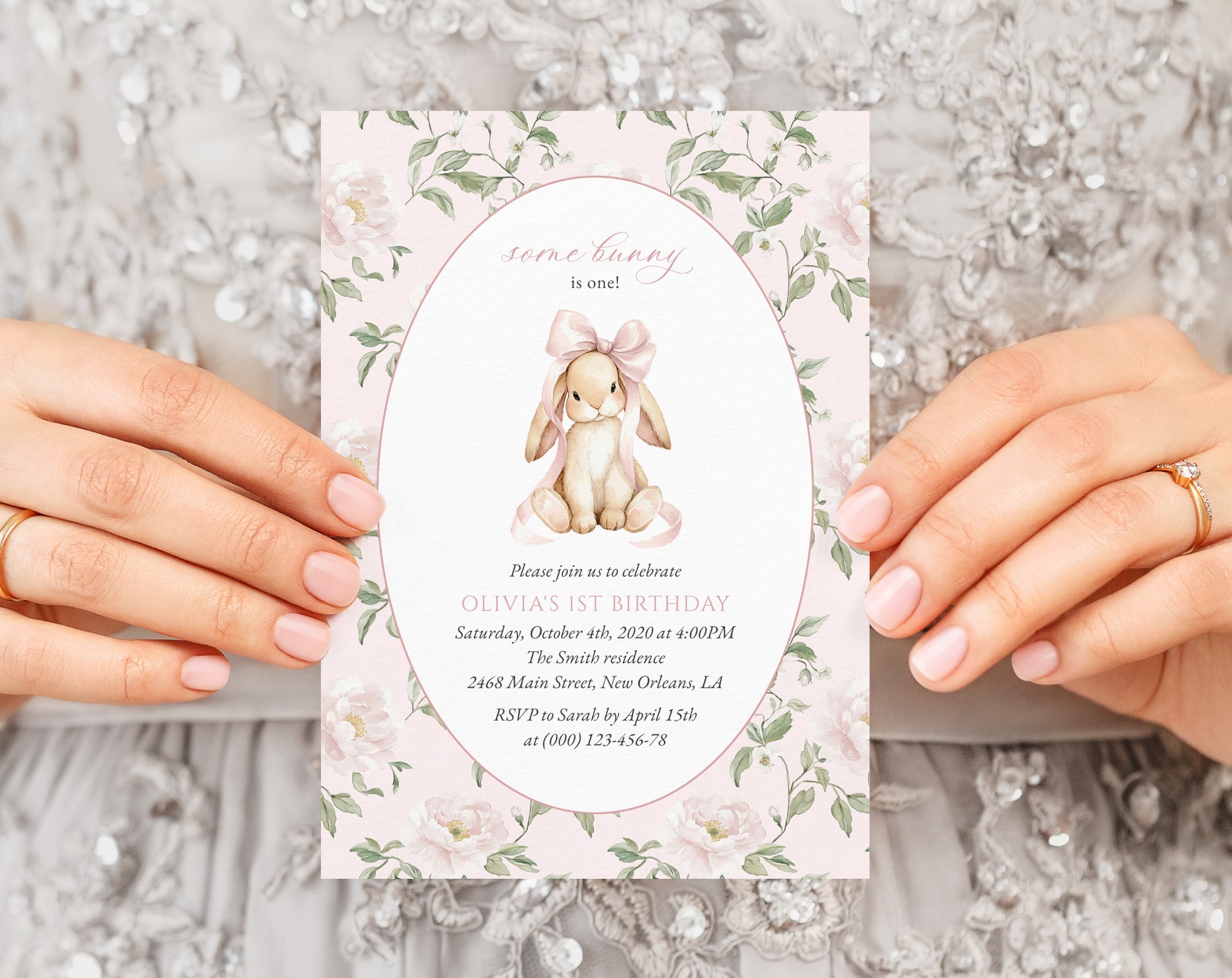 Cute Bunny and Pink Flowers First Birthday Invitation, Birthday Stationery, Girl Birthday, Printable File, Edit Yourself, SH254 Cute Bunny and Pink Flowers First Birthday Invitation, Birthday Stationery, Girl Birthday, Printable File, Edit Yourself, SH254