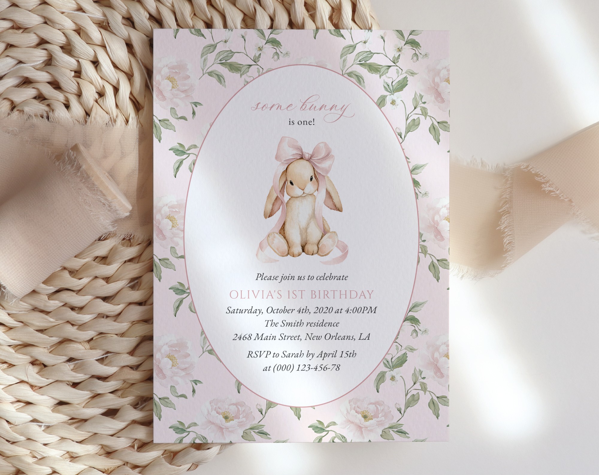 Cute Bunny and Pink Flowers First Birthday Invitation, Birthday Stationery, Girl Birthday, Printable File, Edit Yourself, SH254 Cute Bunny and Pink Flowers First Birthday Invitation, Birthday Stationery, Girl Birthday, Printable File, Edit Yourself, SH254