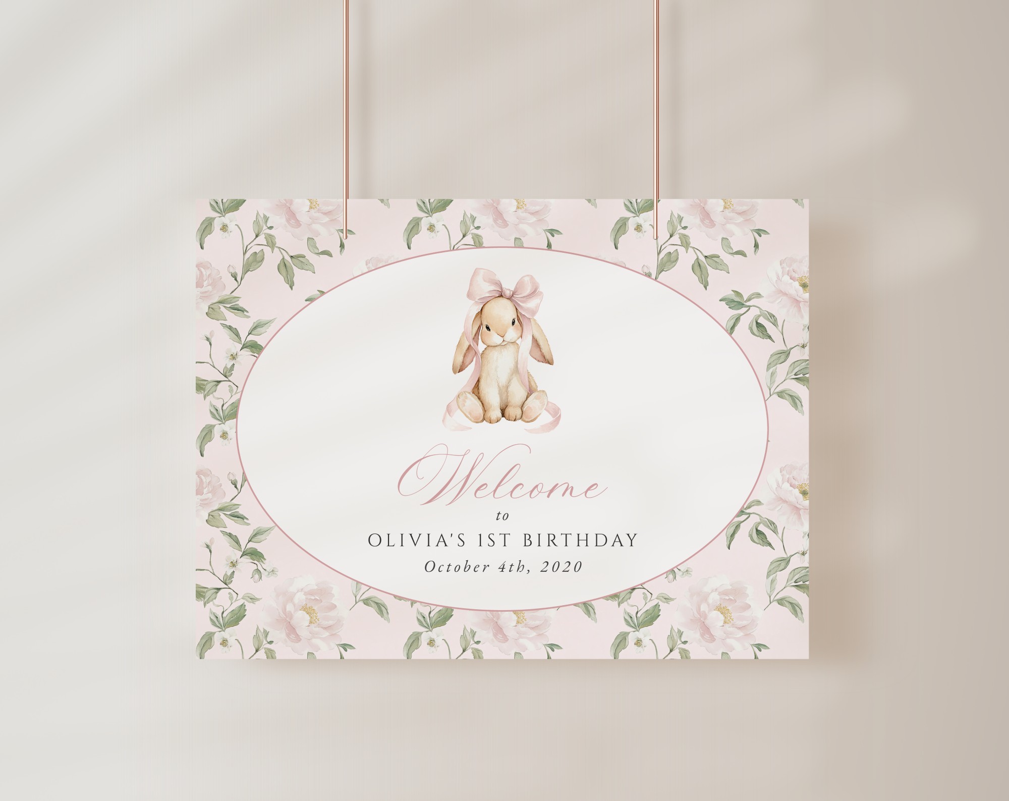 Cute Bunny and Pink Flowers Welcome Sign, First Birthday, Girl Birthday, Printable File, Edit Yourself, SH254 Cute Bunny and Pink Flowers Welcome Sign, First Birthday, Girl Birthday, Printable File, Edit Yourself, SH254