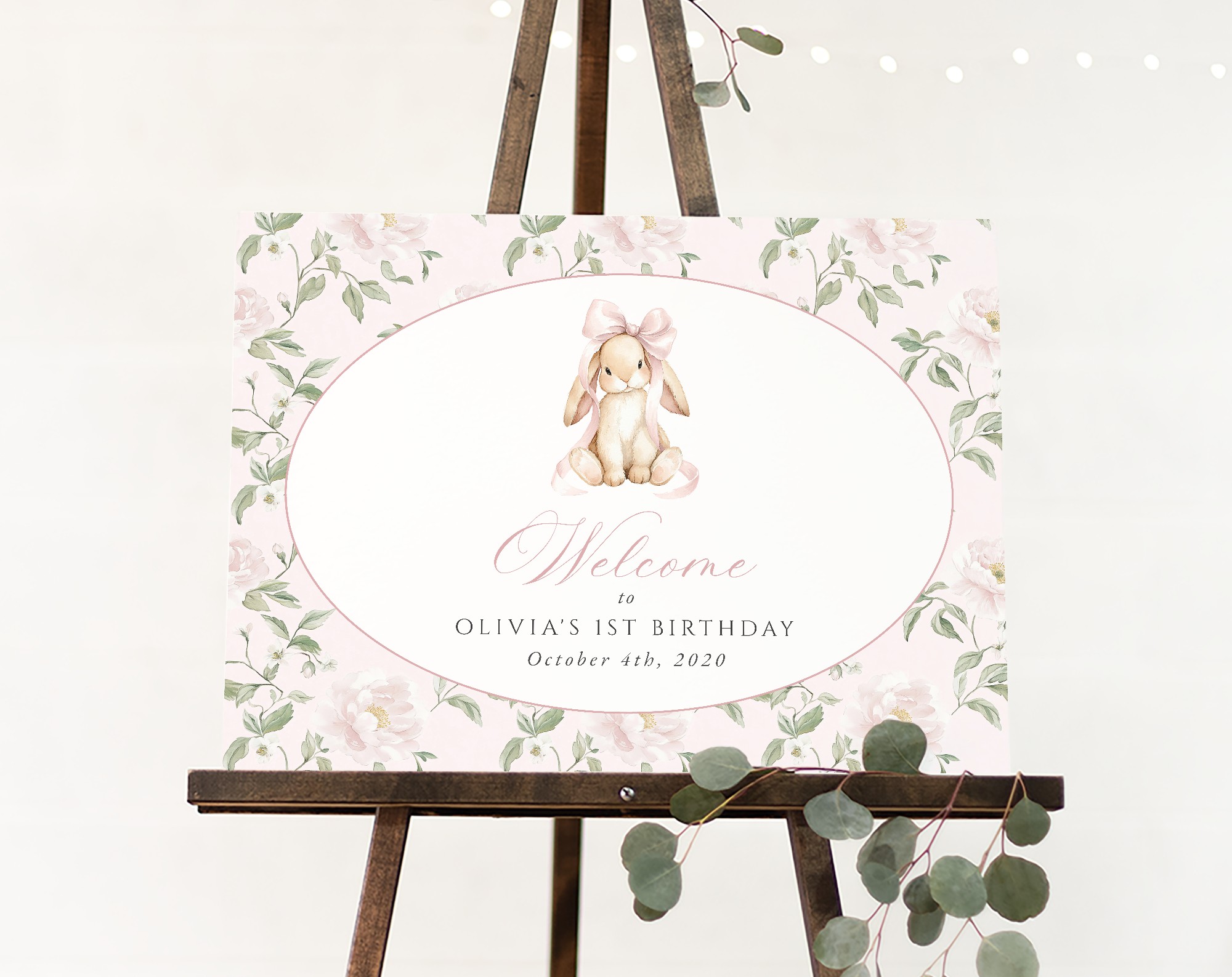 Cute Bunny and Pink Flowers Welcome Sign, First Birthday, Girl Birthday, Printable File, Edit Yourself, SH254