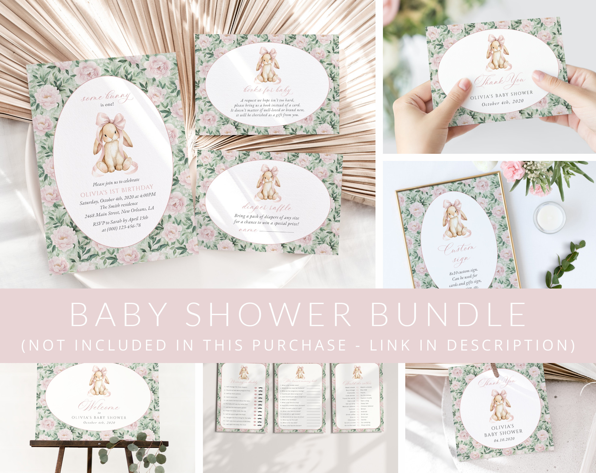 Bunny and Pink Flowers Baby Shower Mini Bundle, Girl Baby Shower, Printable File, Edit Yourself, SH255